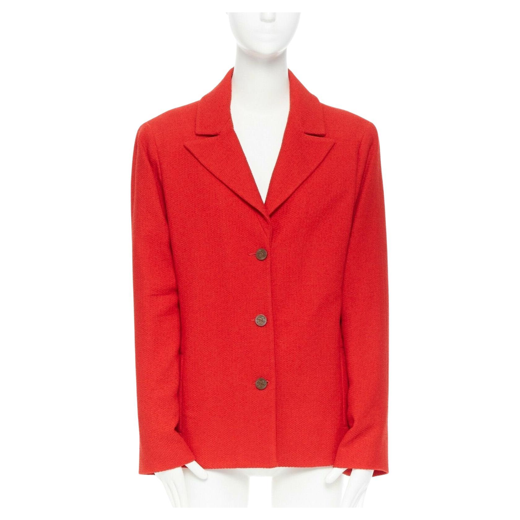 CHANEL 98A vintage lipstick red tweed peak lapel copper CC blazer jacket FR44 For Sale