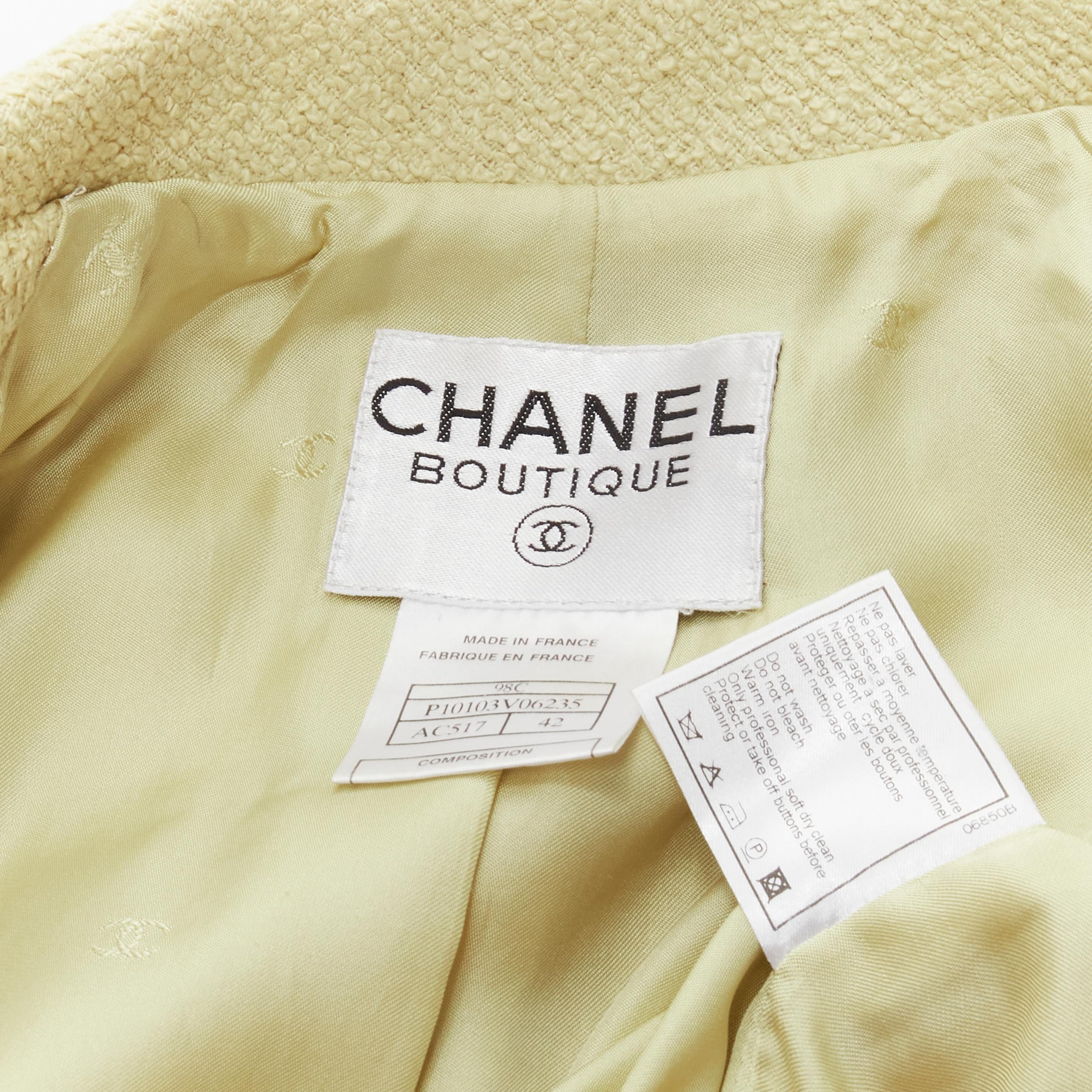 CHANEL 98C Vintage pastel yellow tweed CC button long jacket FR42 L For Sale 5