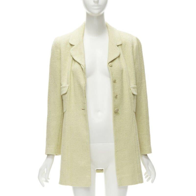 Beige CHANEL 98C Vintage tweed jaune pastel CC button long jacket FR42 L en vente