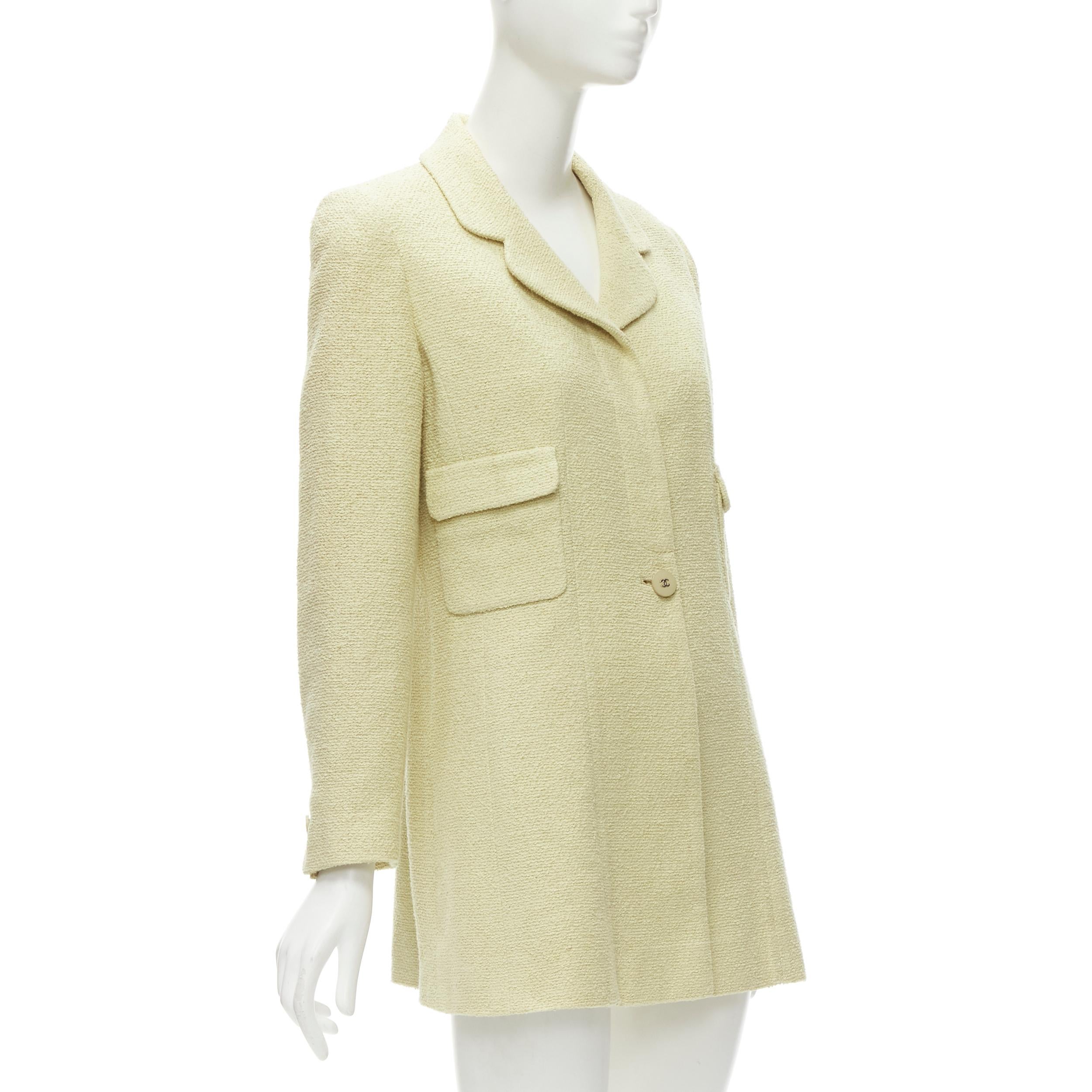 CHANEL 98C Vintage pastel yellow tweed CC button long jacket FR42 L In Excellent Condition For Sale In Hong Kong, NT