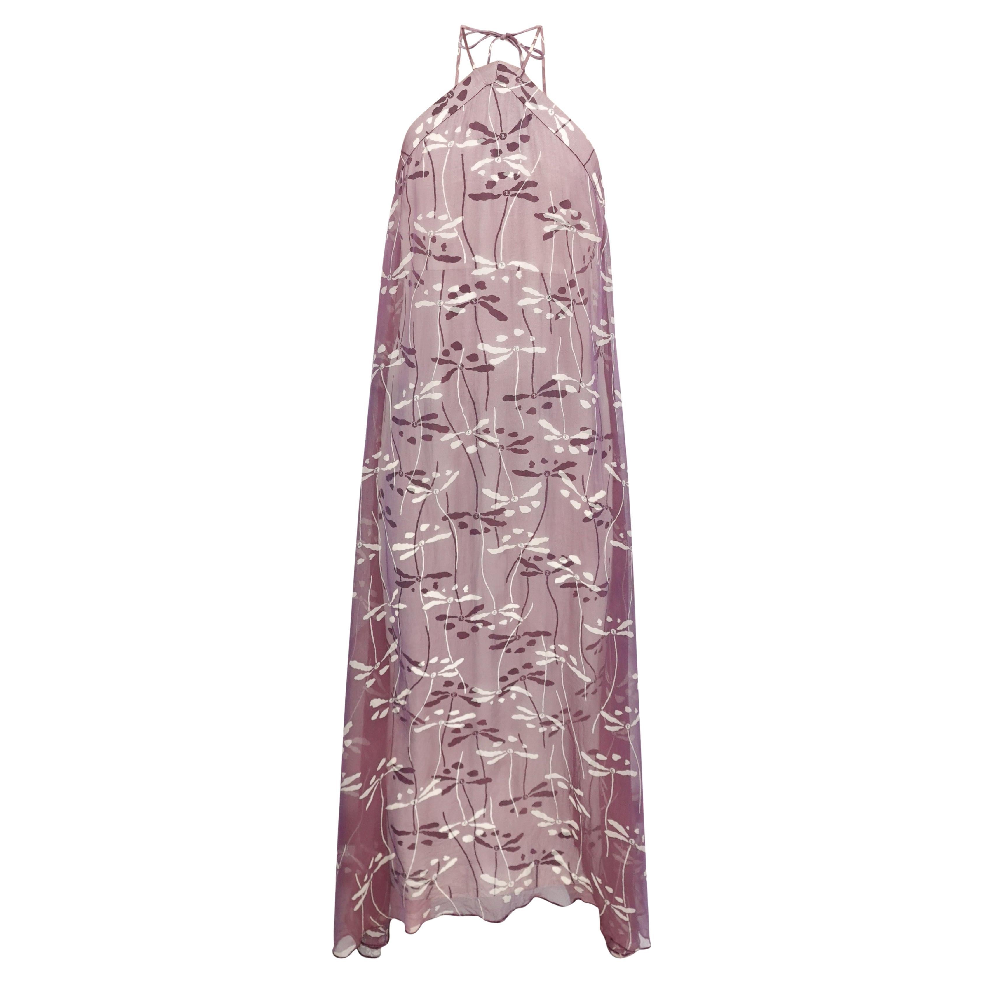 Chanel 98P Dragonfly Print Silk Chiffon Sheer Overlay Maxi Dress with CC Buttons
