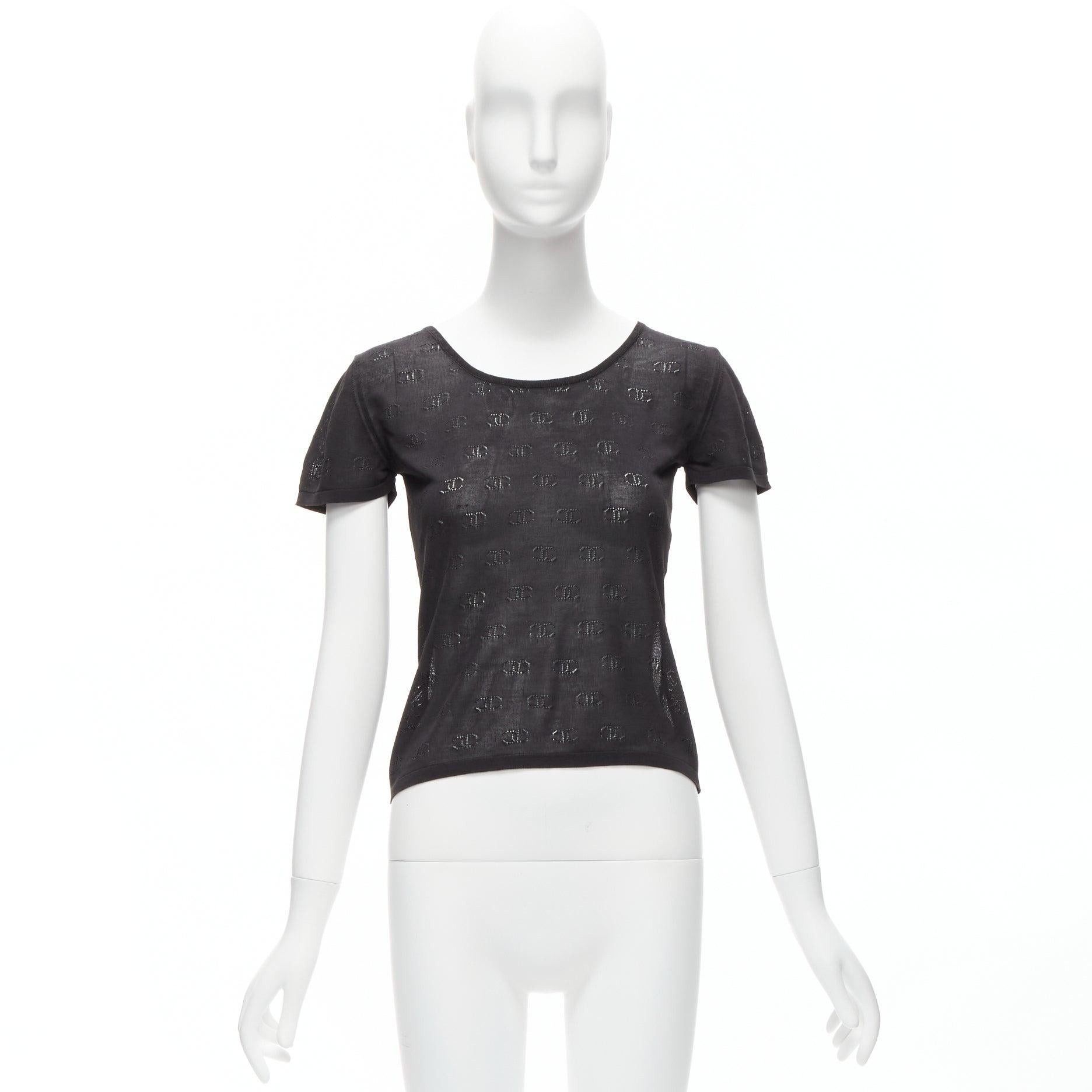 CHANEL 98P Vintage black CC logo monogram Pointelle silk knitted top FR38 M For Sale 5