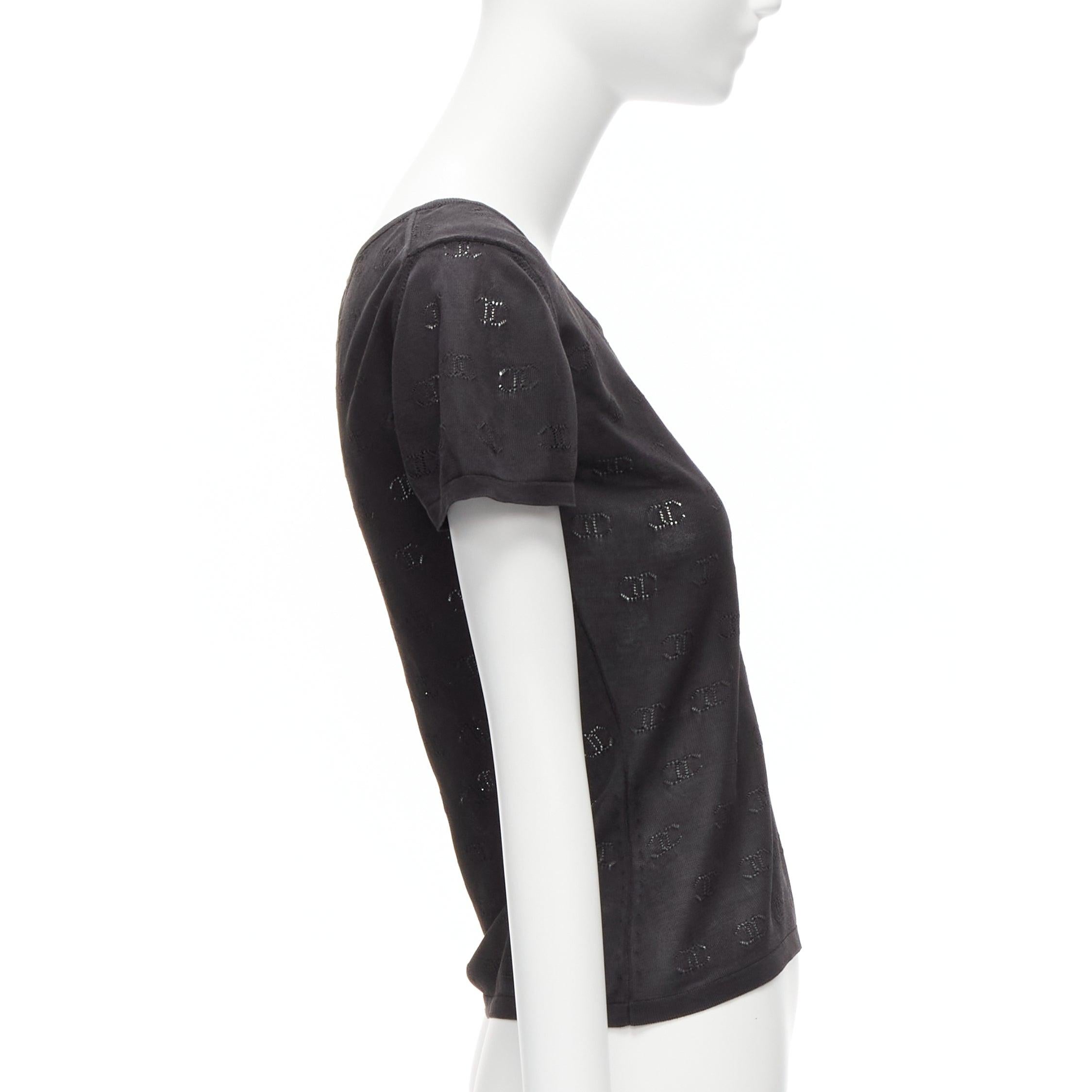 CHANEL 98P Vintage black CC logo monogram Pointelle silk knitted top FR38 M In Good Condition For Sale In Hong Kong, NT