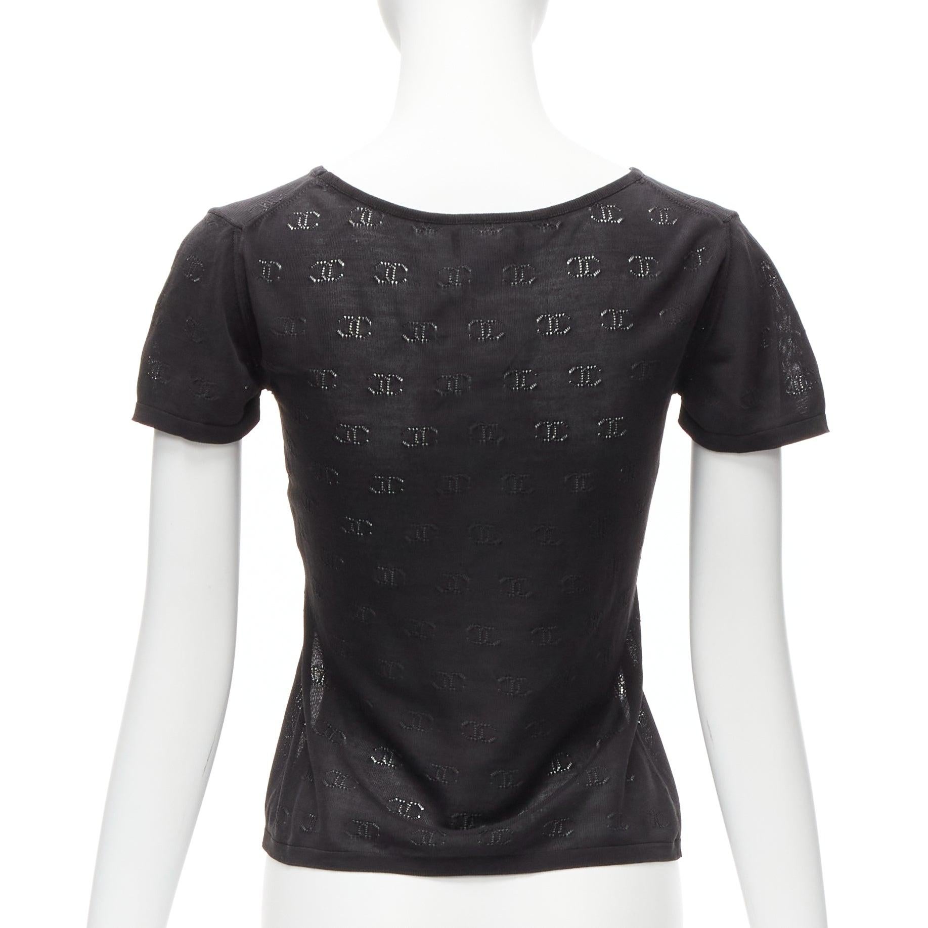 Women's CHANEL 98P Vintage black CC logo monogram Pointelle silk knitted top FR38 M For Sale