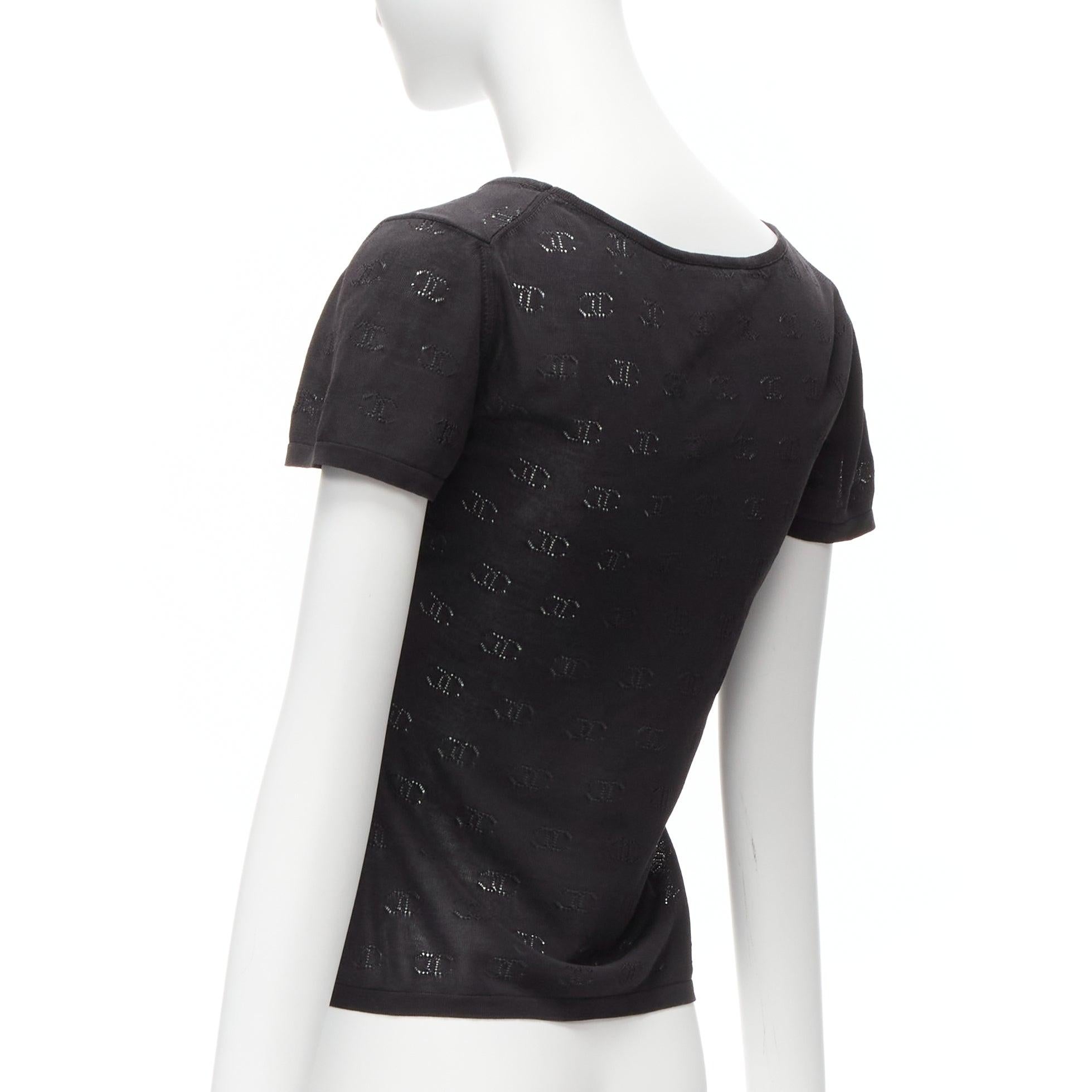 CHANEL 98P Vintage black CC logo monogram Pointelle silk knitted top FR38 M For Sale 1