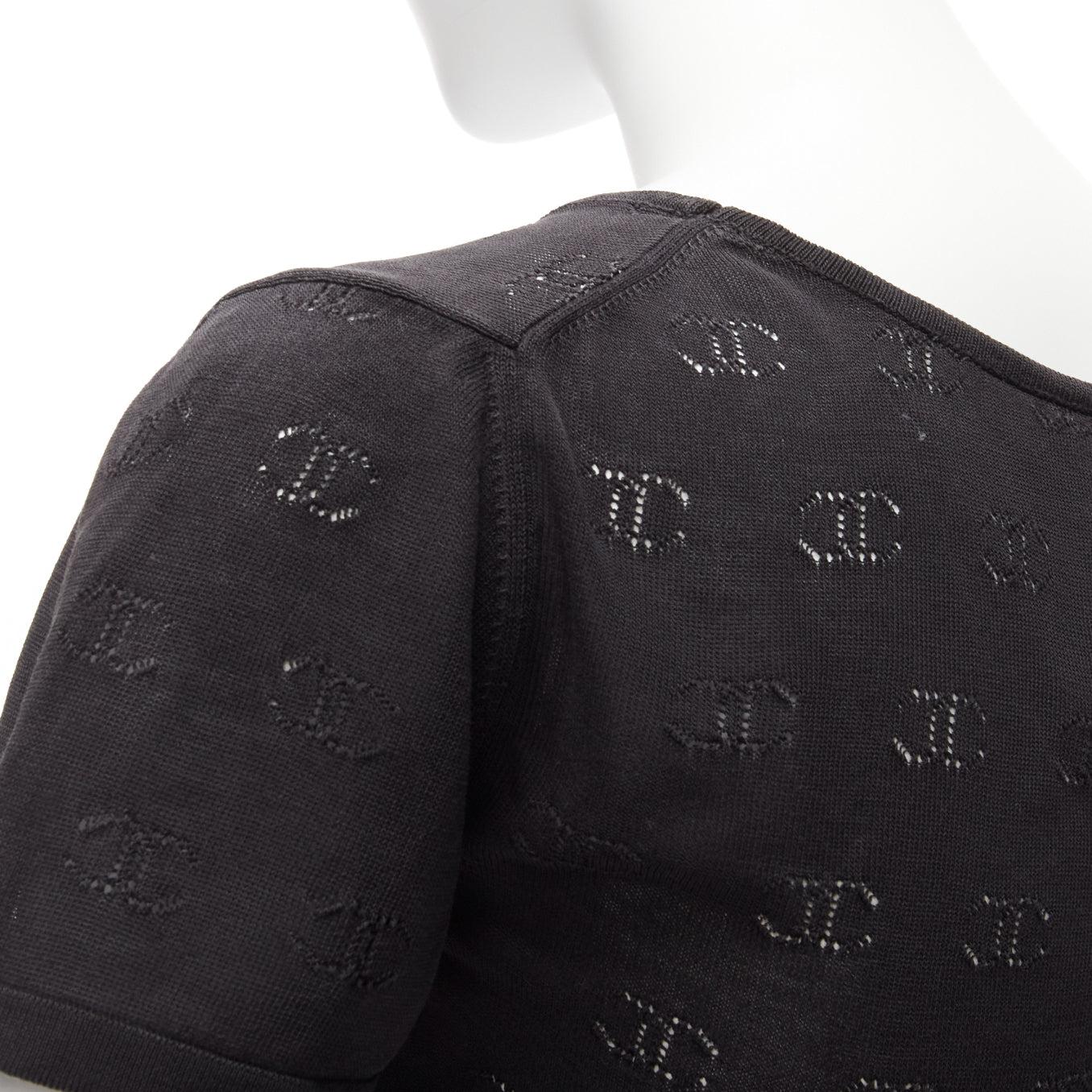 CHANEL 98P Vintage black CC logo monogram Pointelle silk knitted top FR38 M For Sale 2
