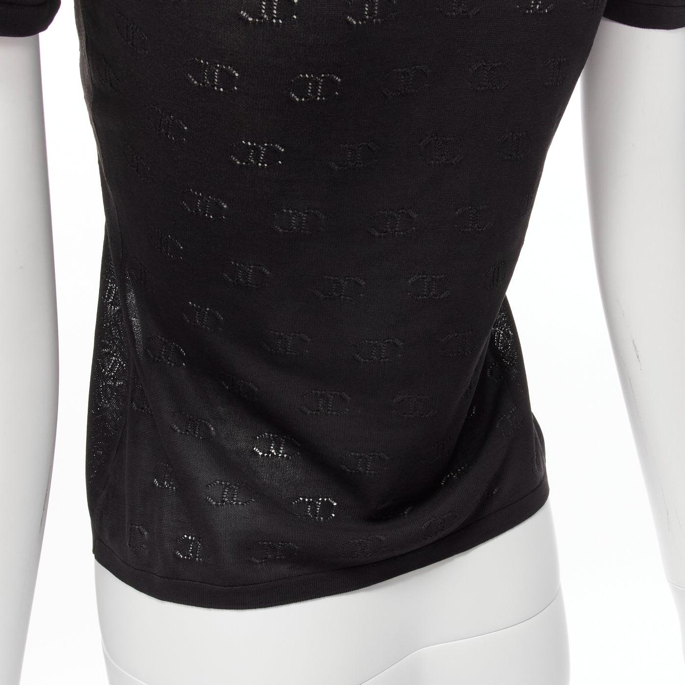 CHANEL 98P Vintage black CC logo monogram Pointelle silk knitted top FR38 M For Sale 3