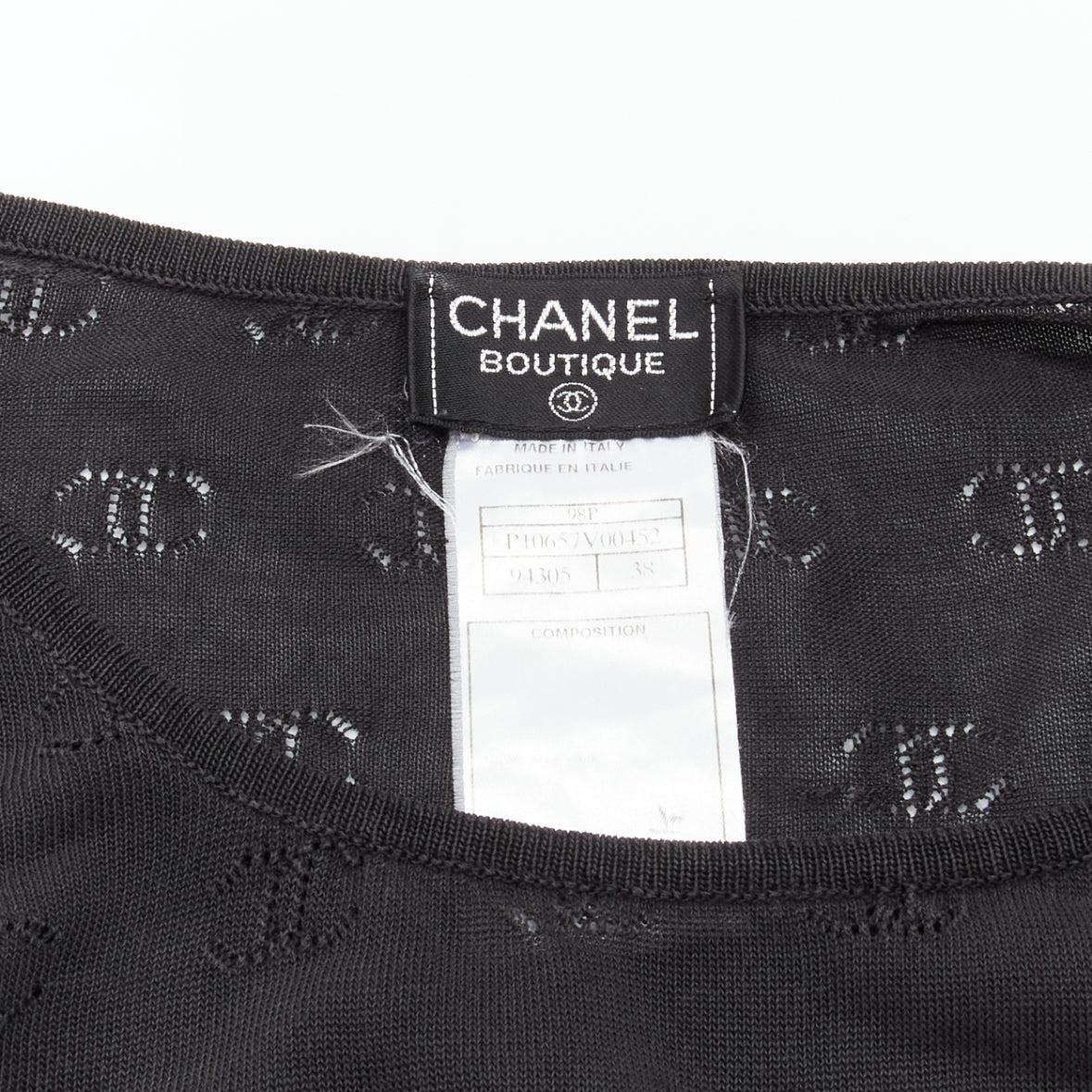 CHANEL 98P Vintage black CC logo monogram Pointelle silk knitted top FR38 M For Sale 4