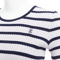 CHANEL 98P Vintage black grey ribbed cotton nautical striped logo top FR36 S