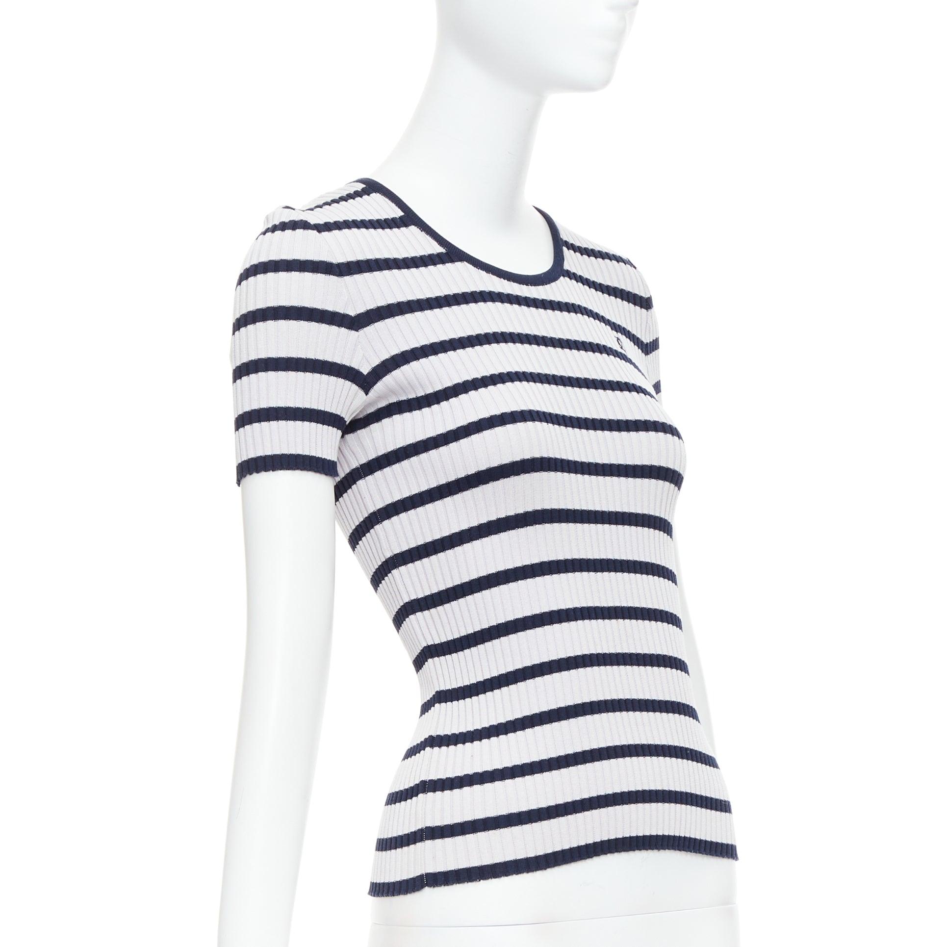 Black CHANEL 98P Vintage black grey ribbed cotton nautical striped logo top FR36 S For Sale