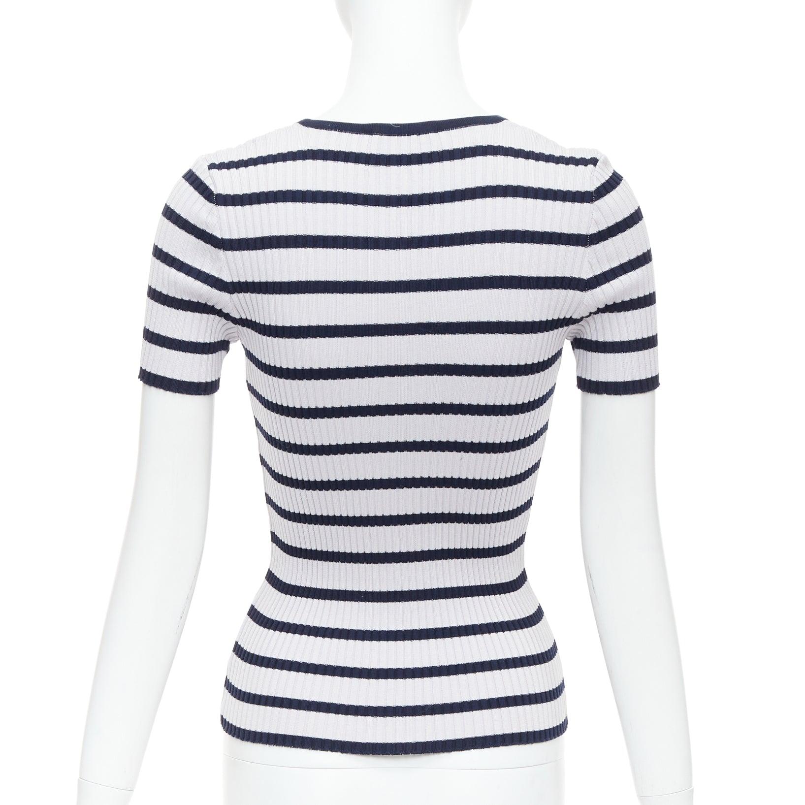 Women's CHANEL 98P Vintage black grey ribbed cotton nautical striped logo top FR36 S For Sale