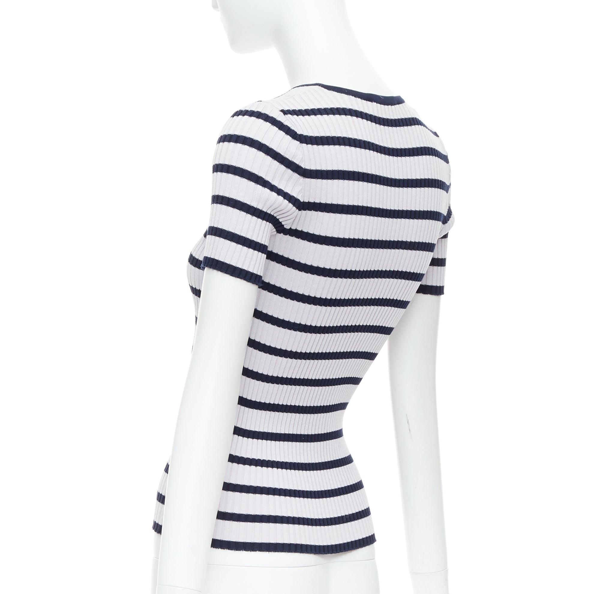 CHANEL 98P Vintage black grey ribbed cotton nautical striped logo top FR36 S For Sale 1