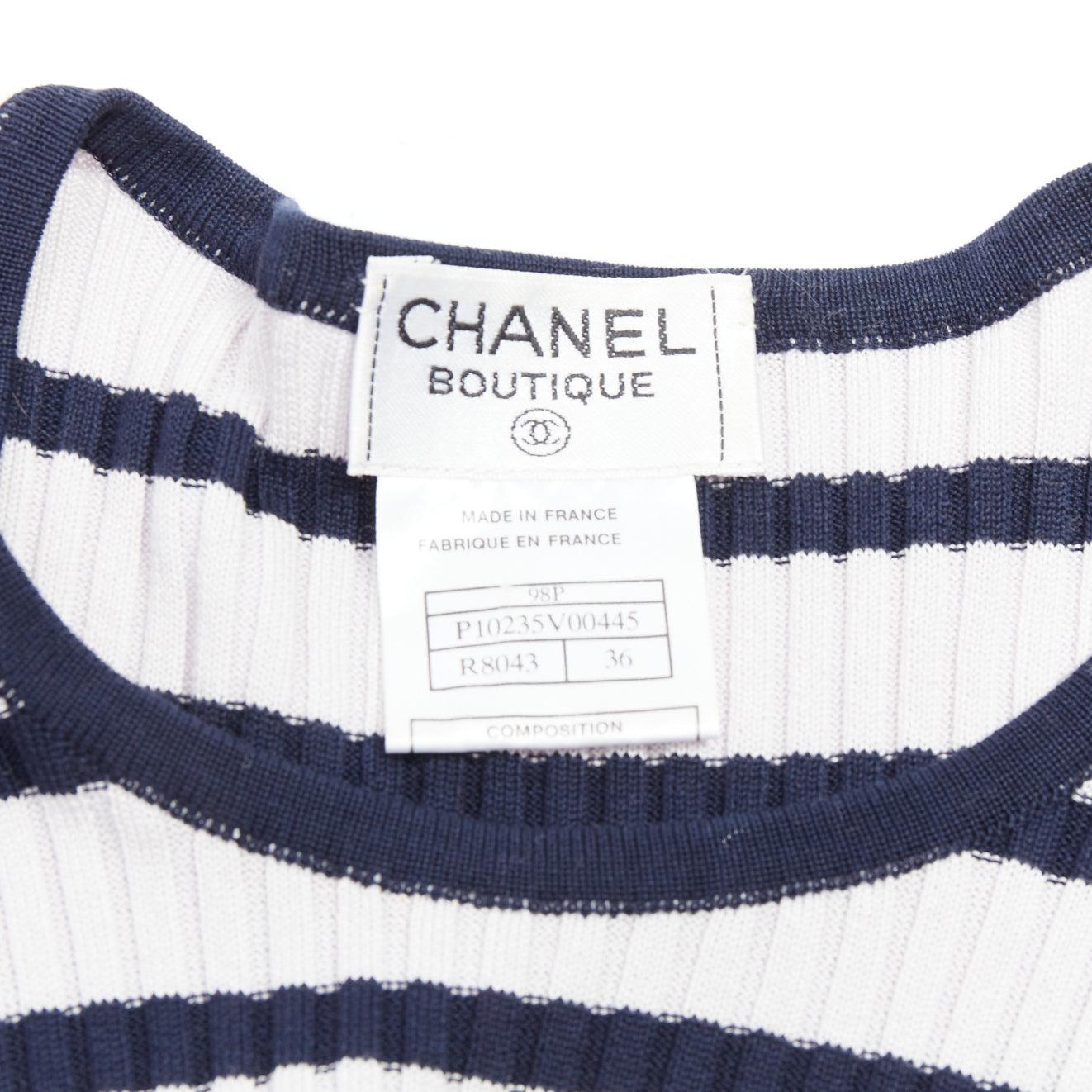 CHANEL 98P Vintage black grey ribbed cotton nautical striped logo top FR36 S For Sale 3