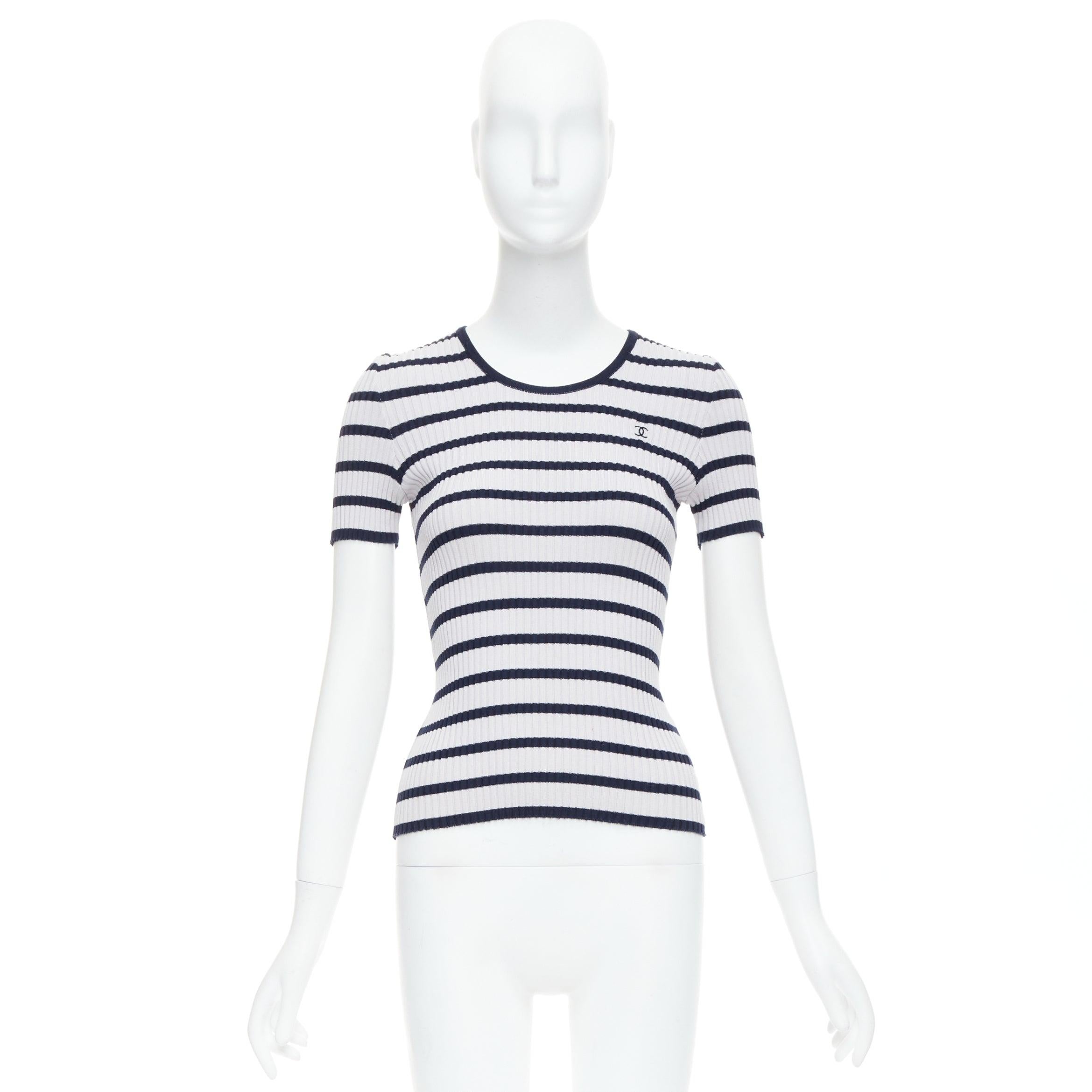 CHANEL 98P Vintage black grey ribbed cotton nautical striped logo top FR36 S For Sale 4