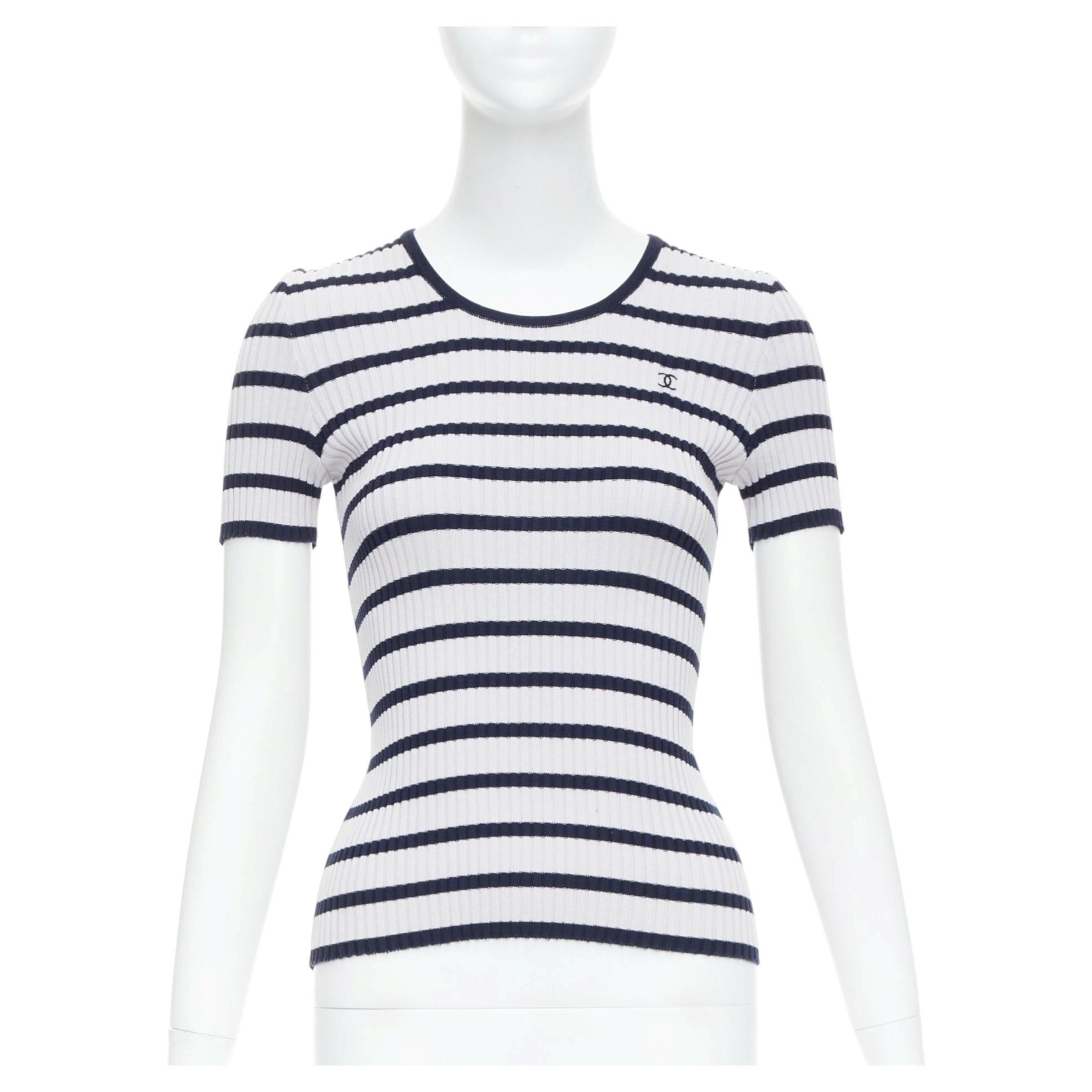 Chanel 98P Vintage black grey ribbed cotton nautical striped logo top FR36 S