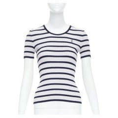 CHANEL 98P Vintage black grey ribbed cotton nautical striped logo top FR36 S