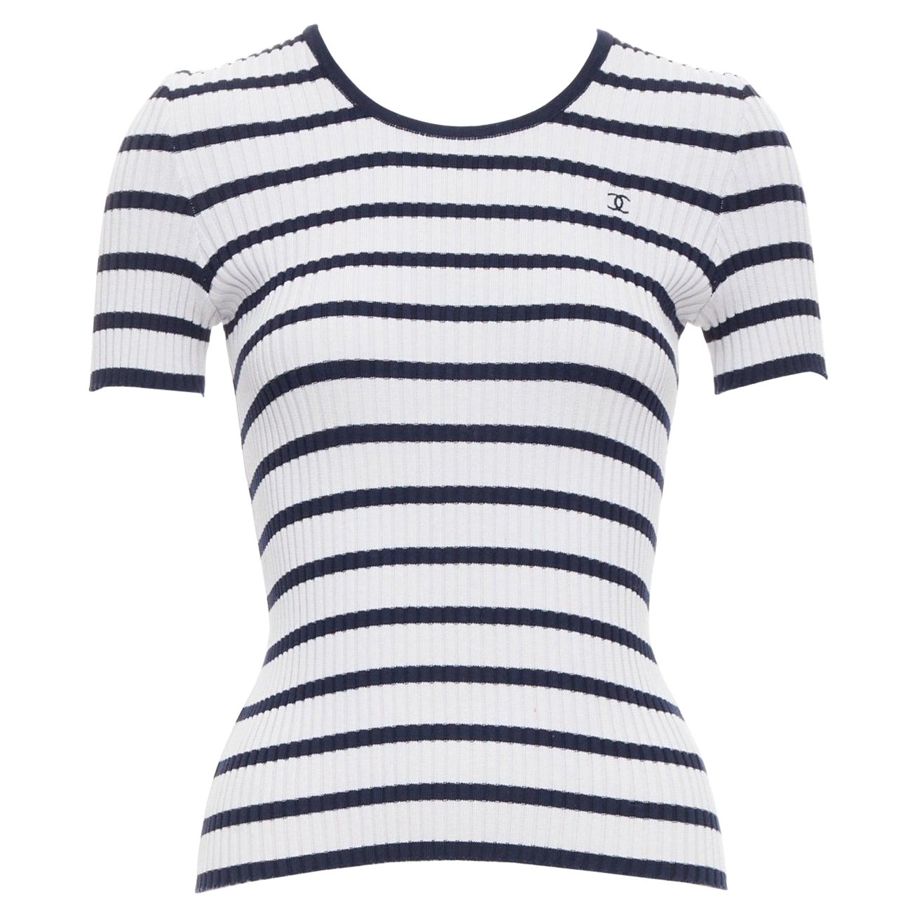 CHANEL 98P Vintage negro gris acanalado algodón náutico a rayas logo top FR36 S