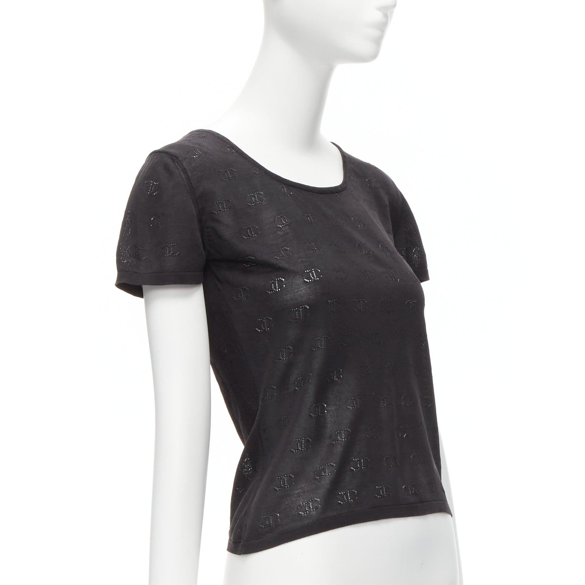 Black CHANEL 98P Vintage silk monogram Pointelle short sleeve knitted top FR38 M For Sale