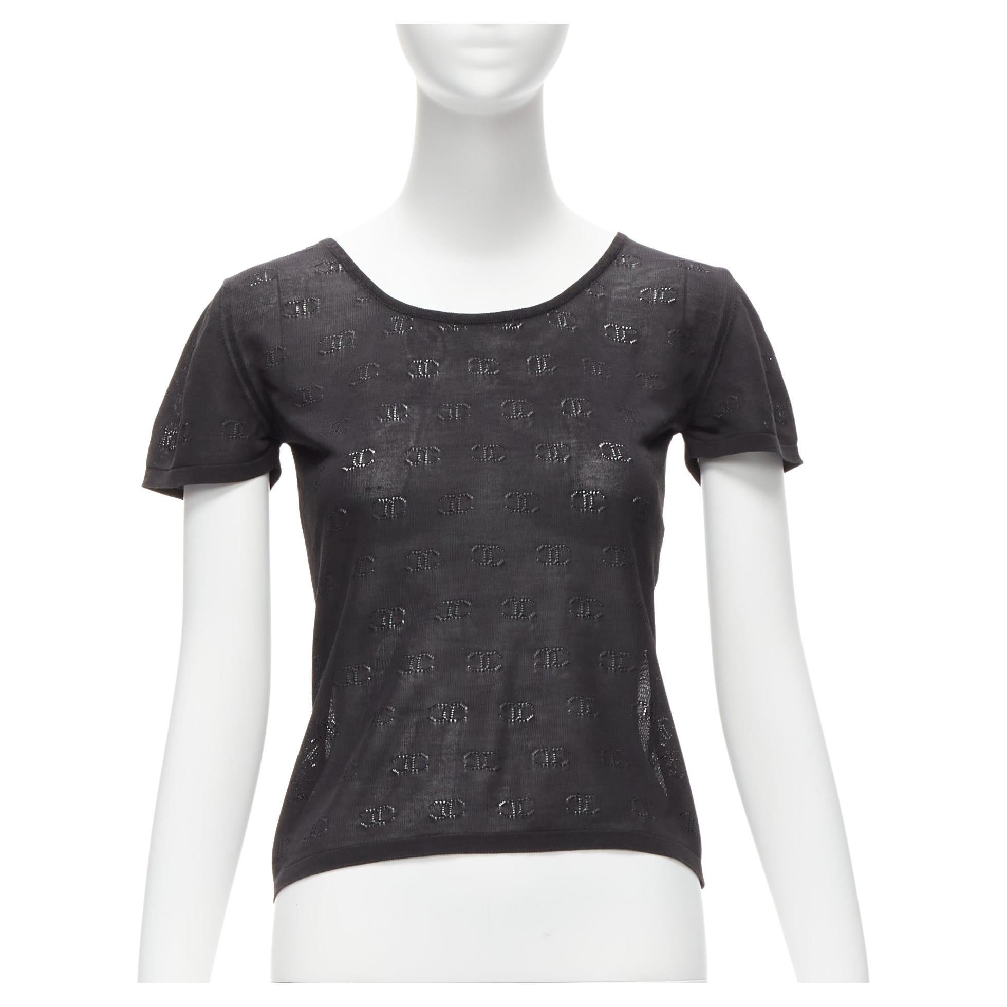 CHANEL 98P Vintage silk monogram Pointelle short sleeve knitted top FR38 M For Sale