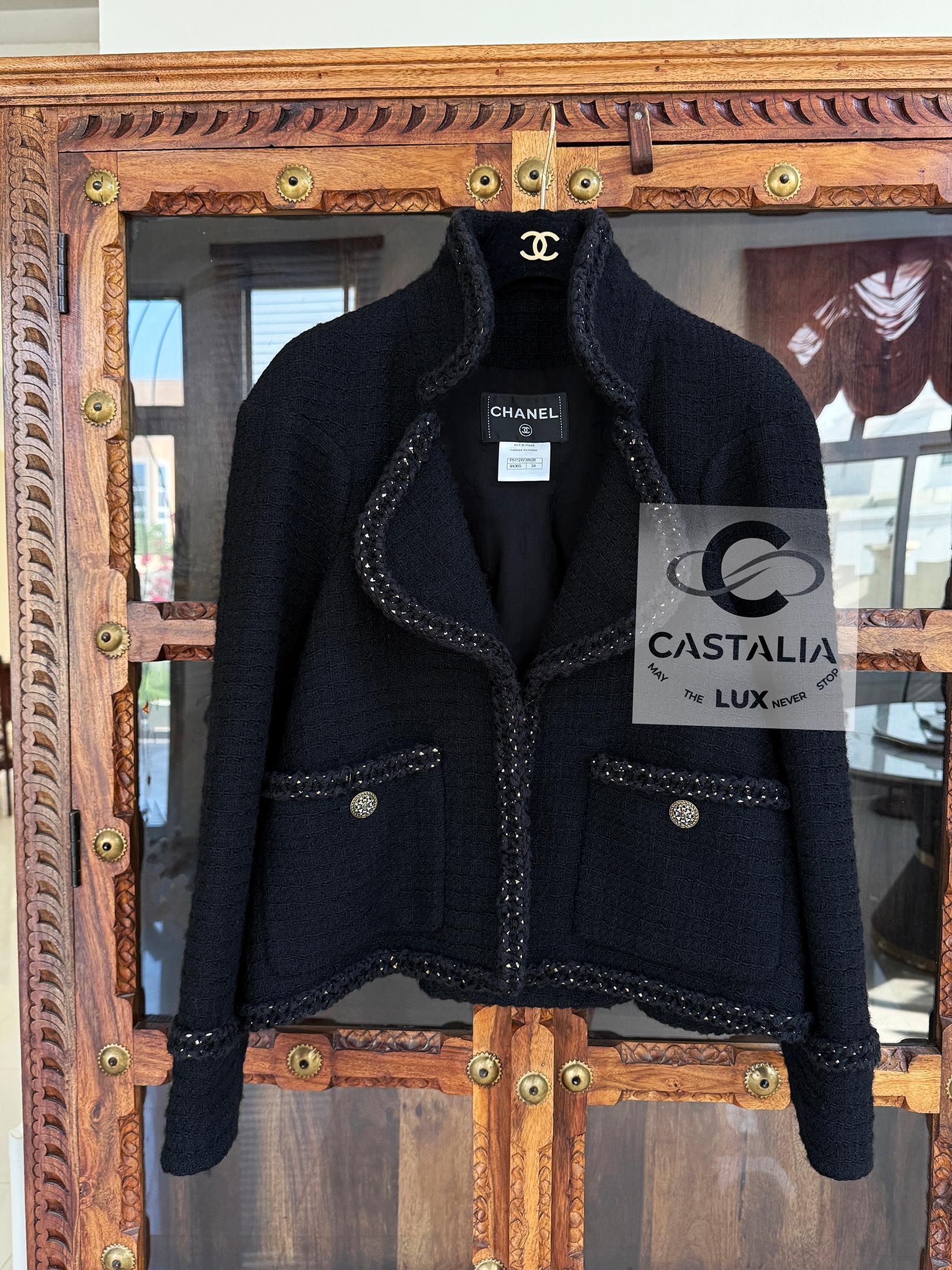 Chanel 9K$ Melania Trump Style Black Tweed Jacket with Chains 34 FR For Sale 10