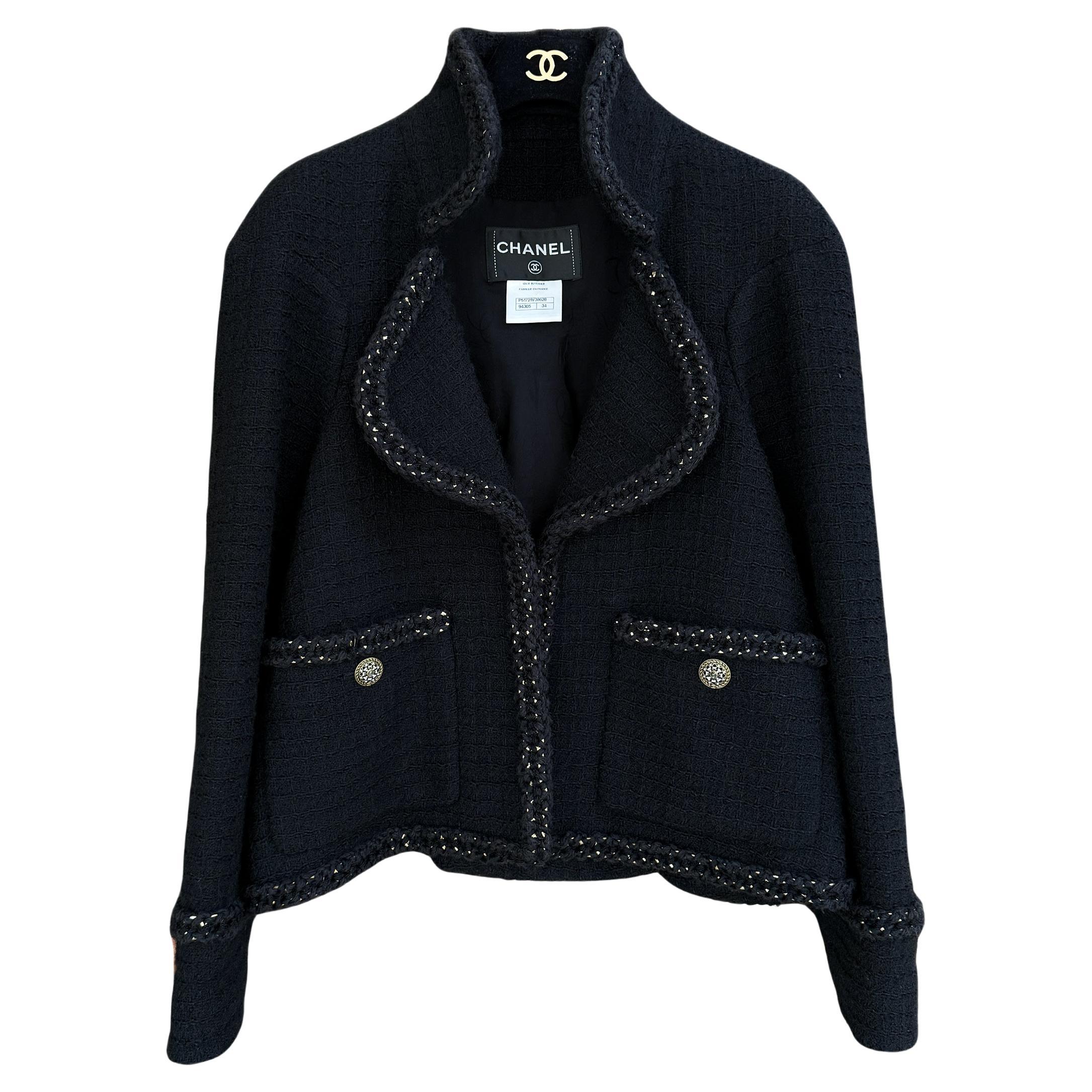 Chanel 9K$ Melania Trump Style Black Tweed Jacket with Chains 34 FR For Sale
