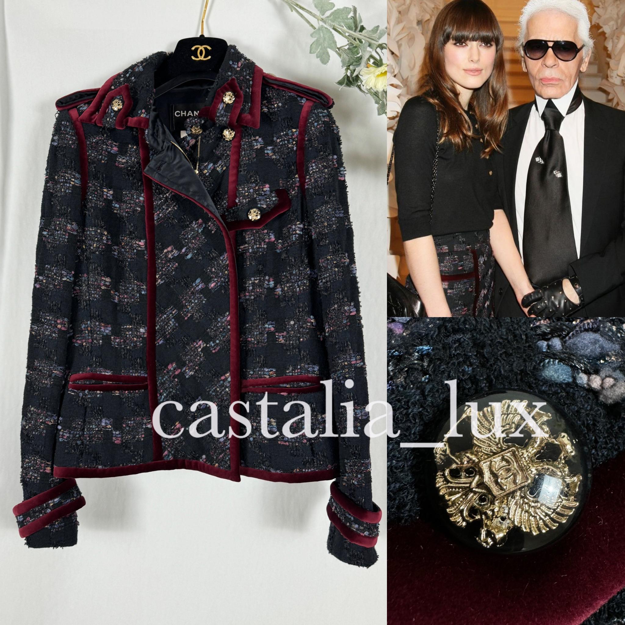 Extremely rare, hard to find Chanel black tweed jacket with burgundy velvet trim - same style as seen in Keira Knightley!
Size mark 40 FR. Never worn.
- CC logo Eagle buttons
- stunning black Lesage tweed with multicoloured accents
- front CC zip
