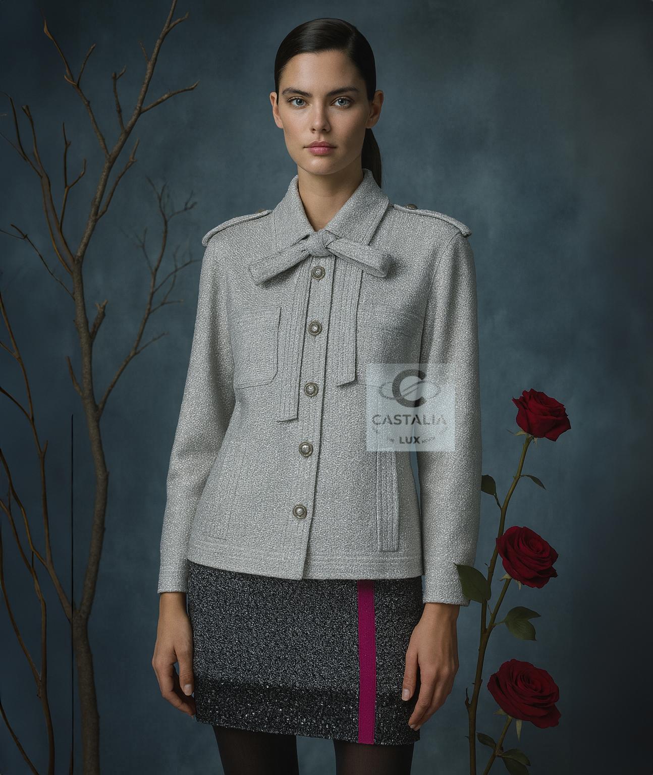 CHANEL - Interstellar Stahlgrau schimmernde Tweedjacke mit Schleife
Laufsteg 