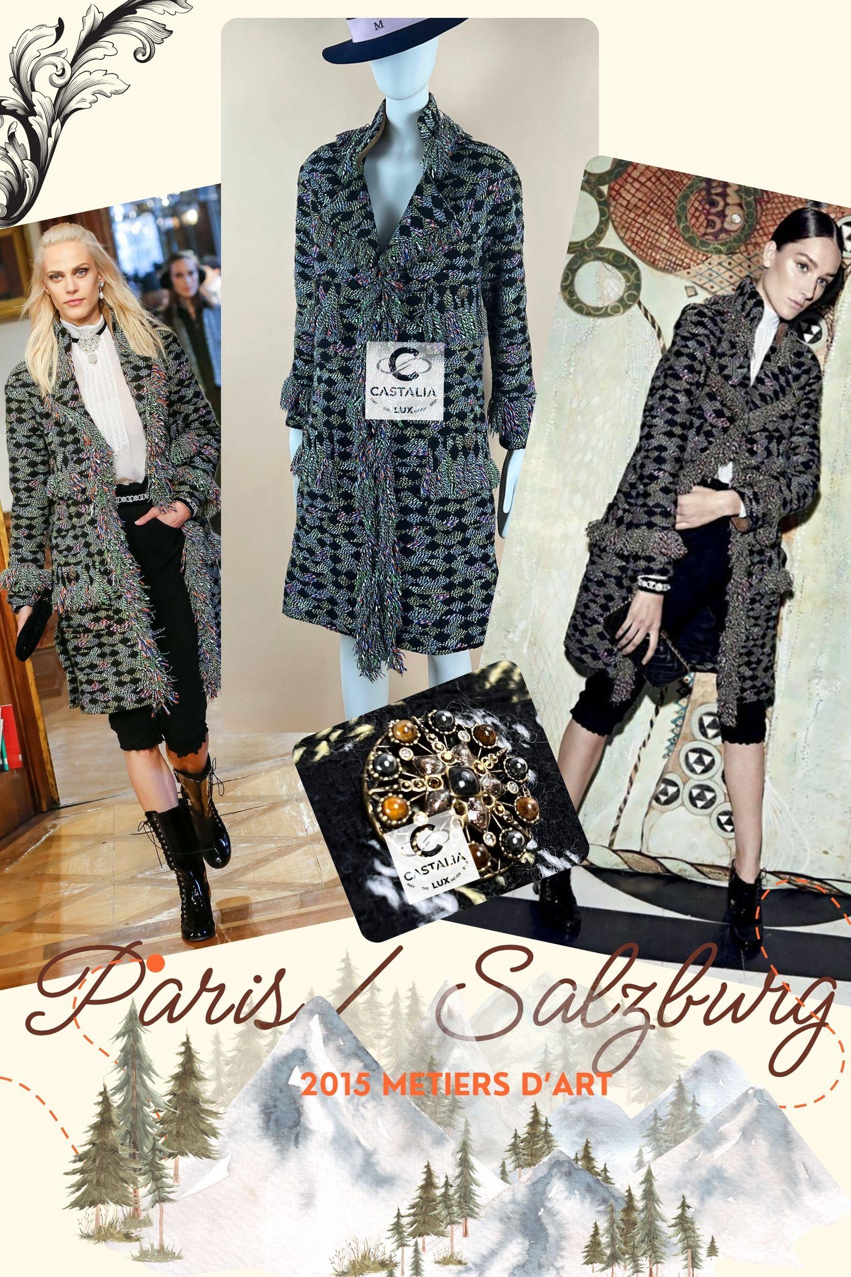 Stunning Chanel tweed coat from Runway of Paris/SALZBURG Metiers d'Art Collection, 2015 Pre-Fall
Retail price ca. 9,000$
- made of fantasy tweed with signature fringe edging
- CC logo Jewel buttons embellished with natural stones and crystals
-