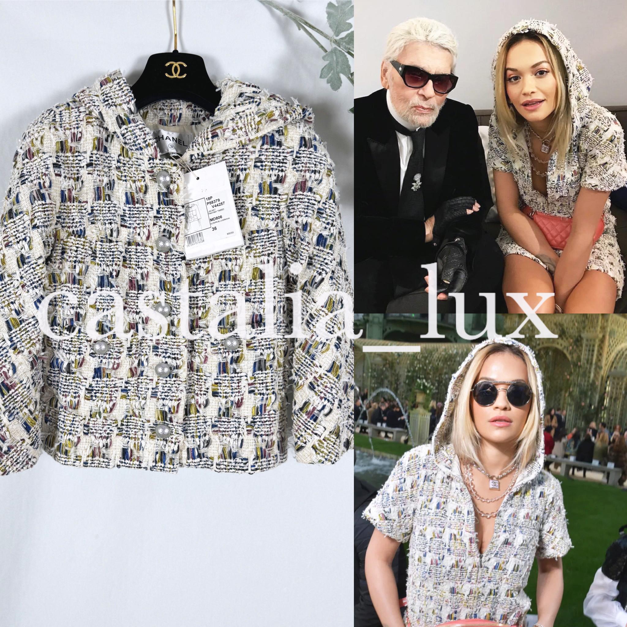 Recognisable Chanel lesage tweed jacket from Paris / GREECE Cruise 2018 Collection : as seen on Rita ORA! 
- sublime, precious Lesage tweed in ecru and multicolour
- CC logo silver-tone massive buttons
- tonal silk lining
