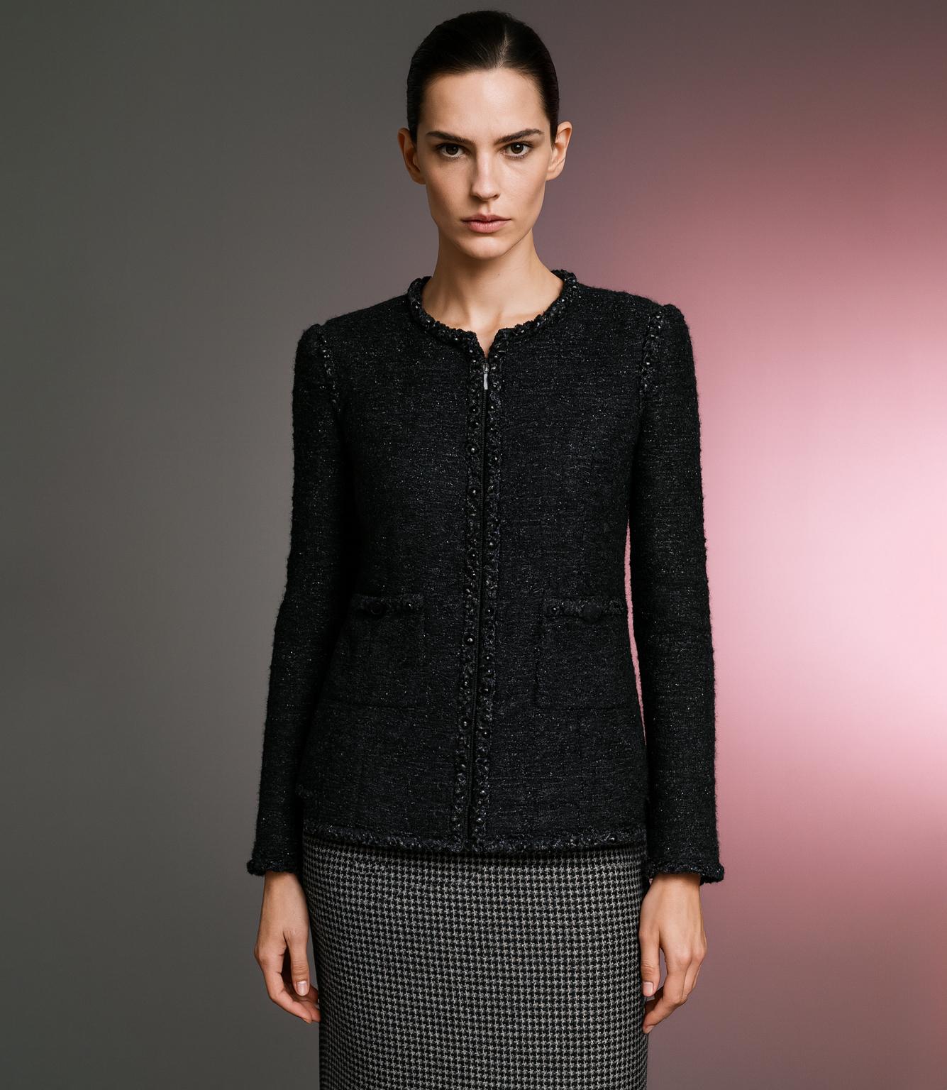 Chanel · Rare Collectible Black Shimmer Tweed Jacket
— Paris / DALLAS 2014 Métiers d’Art Collection by Karl Lagerfeld — 

~  A nocturne of the frontier, where Chanel’s Parisian soul met the myth of Dallas under Lagerfeld’s constellation ~

// Size