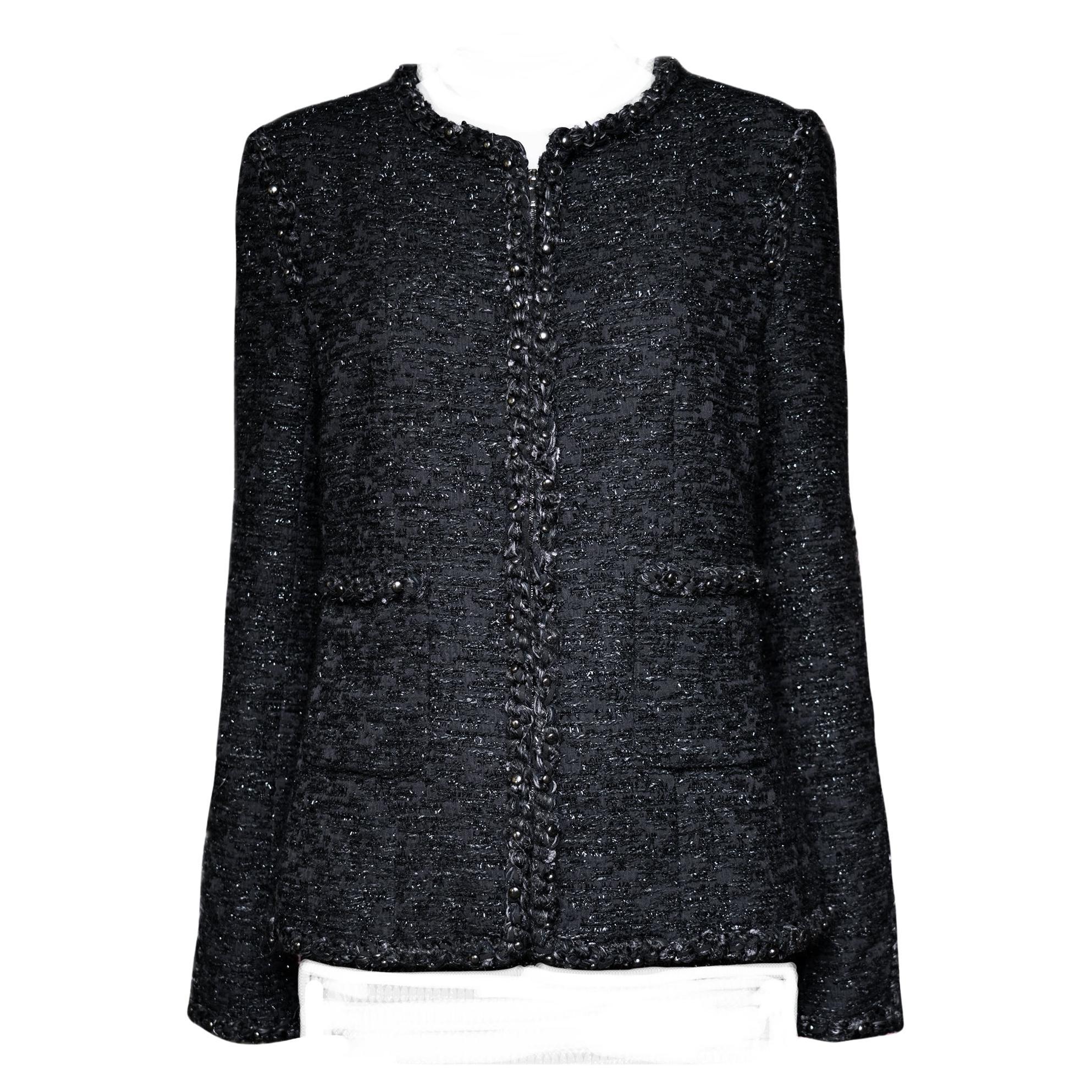 Chanel 9K$ Paris / Dallas Schwarze Tweedjacke mit Metallnieten 42 FR im Angebot