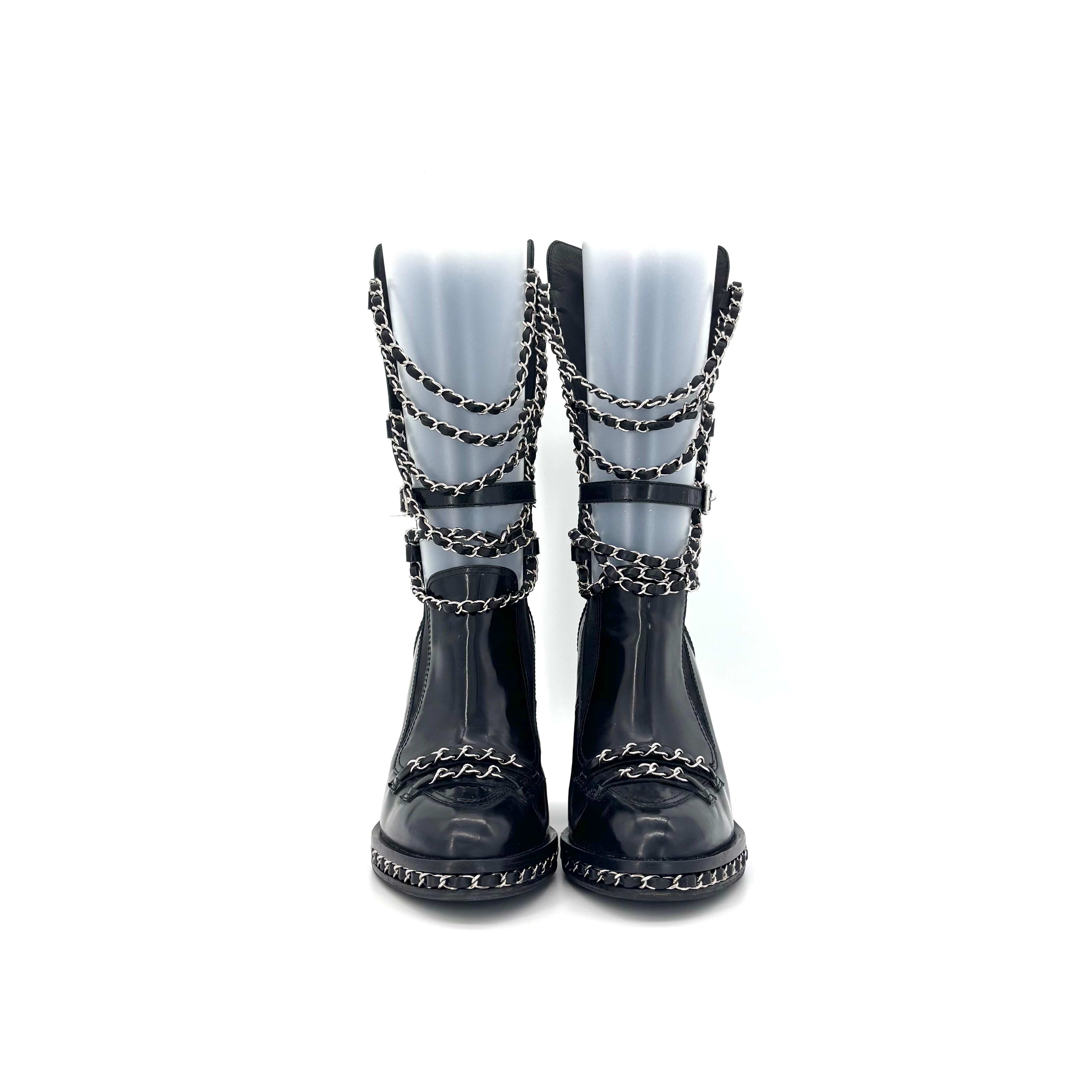 De las mujeres Chanel A/W 2013 Botas de charol negro con cadena Obsession 41EU en venta