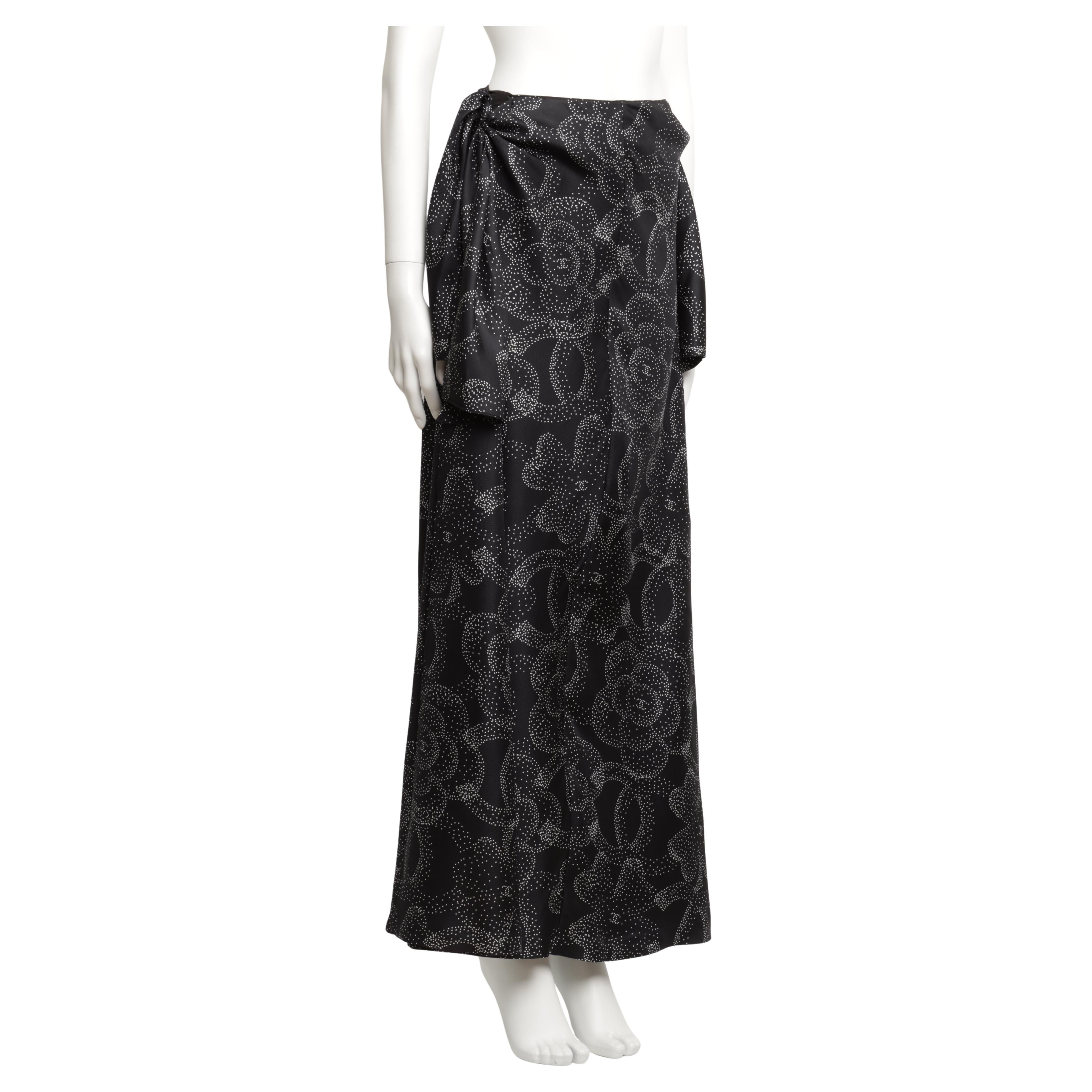 Chanel A/W 2023 Runway Long Skirt w/ Camellia Logo C Print in Black White Silk