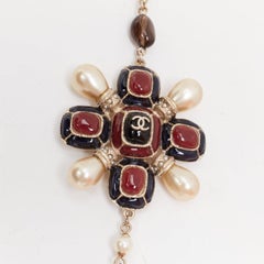 CHANEL A14C black red gripoix enamel Maltese cross CC pearl sautoir necklace