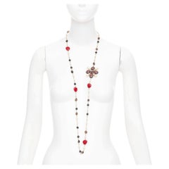 CHANEL A14C black red gripoix enamel Maltese cross CC pearl sautoir necklace