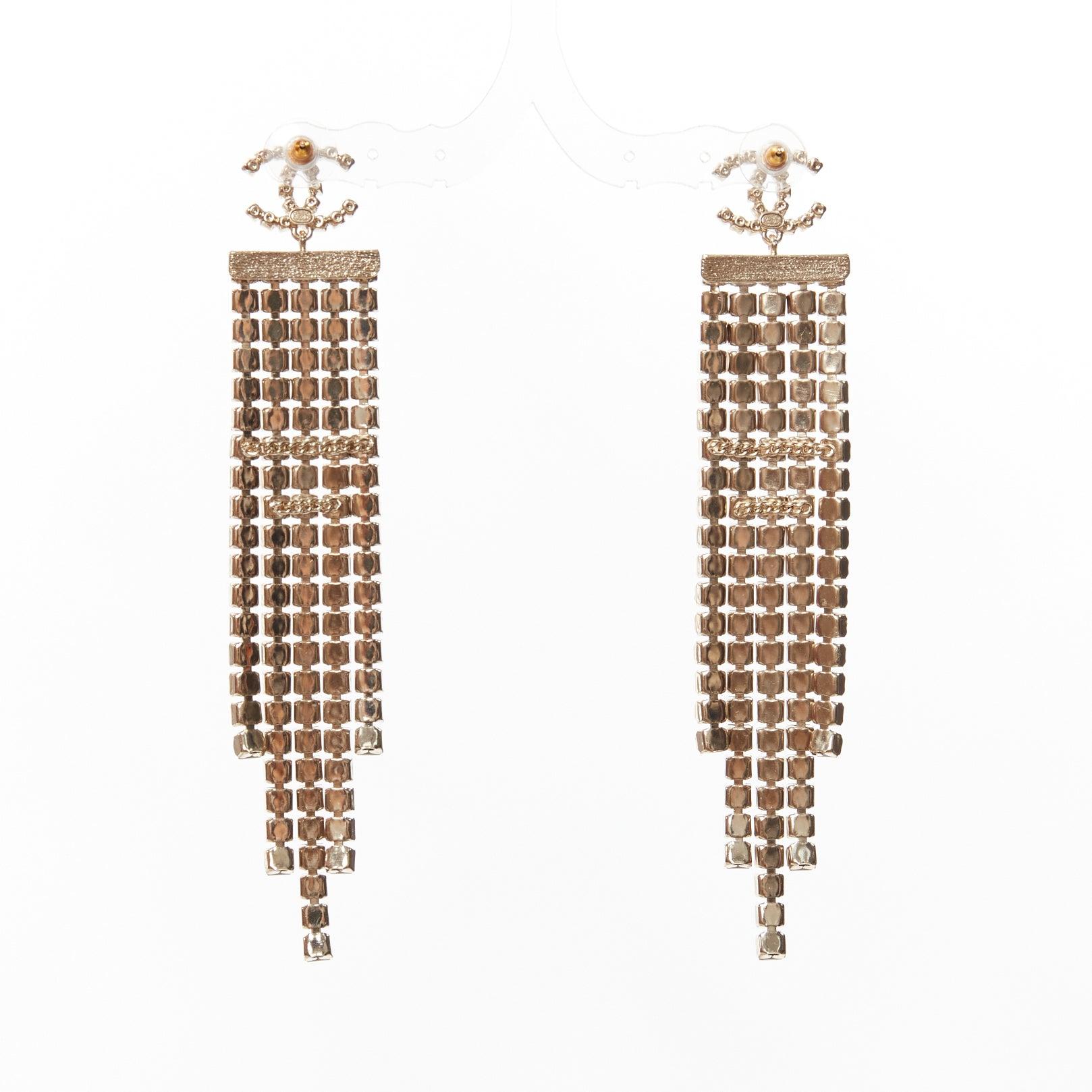 CHANEL A19A gold CC crystal gradient tassel cascade drop pin earrings pair In Excellent Condition In Hong Kong, NT