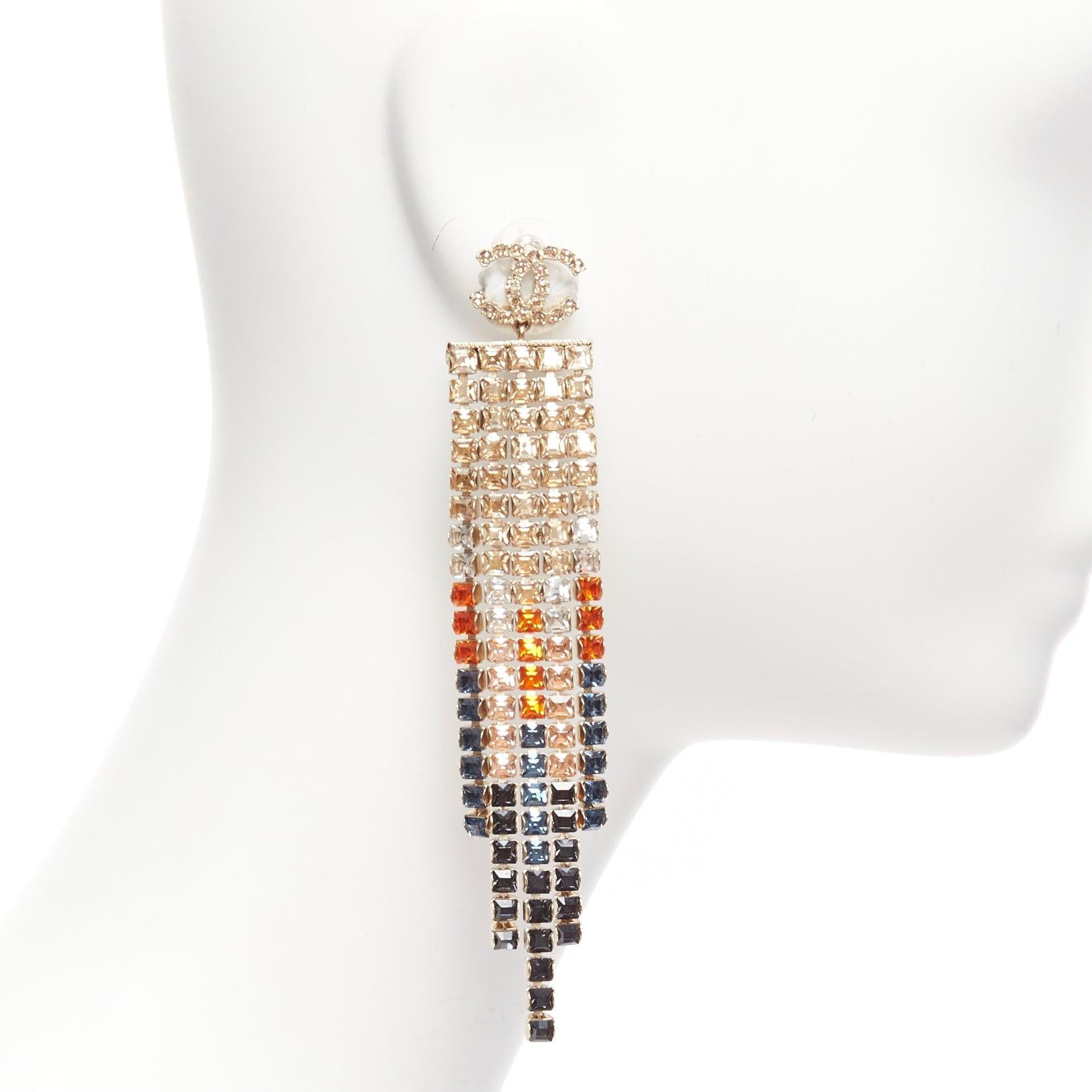 Women's CHANEL A19A gold CC crystal gradient tassel cascade drop pin earrings pair