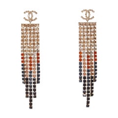 CHANEL A19A gold CC crystal gradient tassel cascade drop pin earrings pair