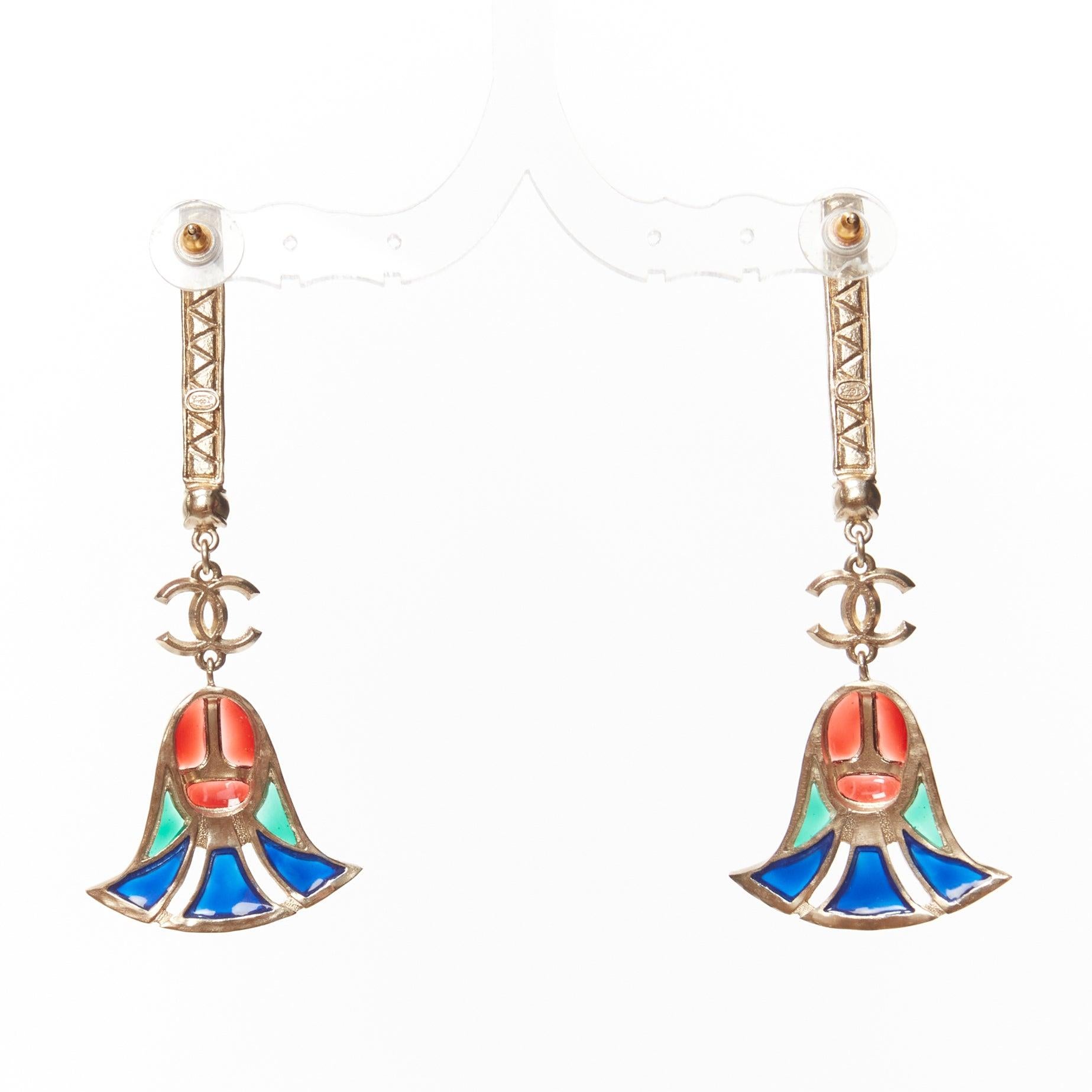 CHANEL A19A gold CC crystal logo multicolor resin Scarab drop pin earrings pair In Excellent Condition For Sale In Hong Kong, NT