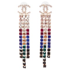 CHANEL A19A rainbow silver crystal waterfall CC logo pin earrings Pair