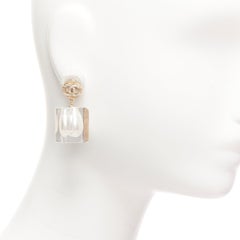 CHANEL A19K CC crystal clear acrylic encased white pearl pin earrings Pair