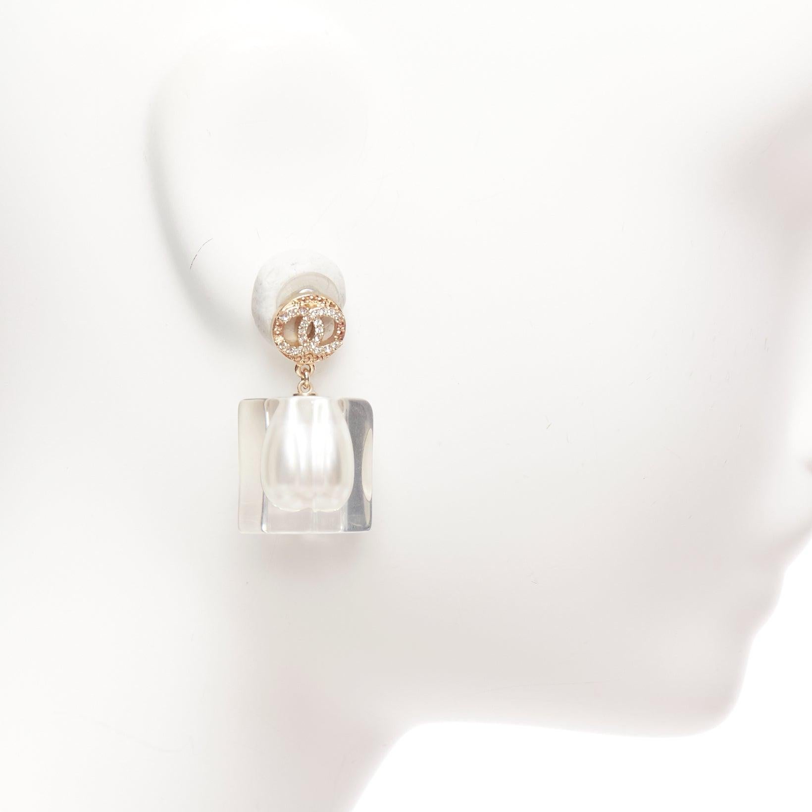 Women's CHANEL A19K CC crystal clear acrylic encased white pearl pin earrings Pair For Sale