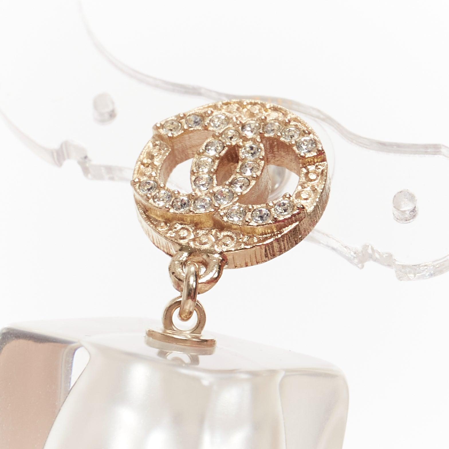 CHANEL A19K CC crystal clear acrylic encased white pearl pin earrings Pair For Sale 2