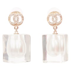 CHANEL A19K CC crystal clear acrylic encased white pearl pin earrings Pair