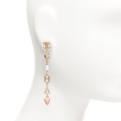 CHANEL A19P CHA-NEL gold CC pink pearl drop pin earrings Pair