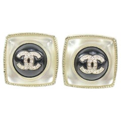 Chanel A22C Gold x Black x Crystal Square Pierce Earrings 42c22s