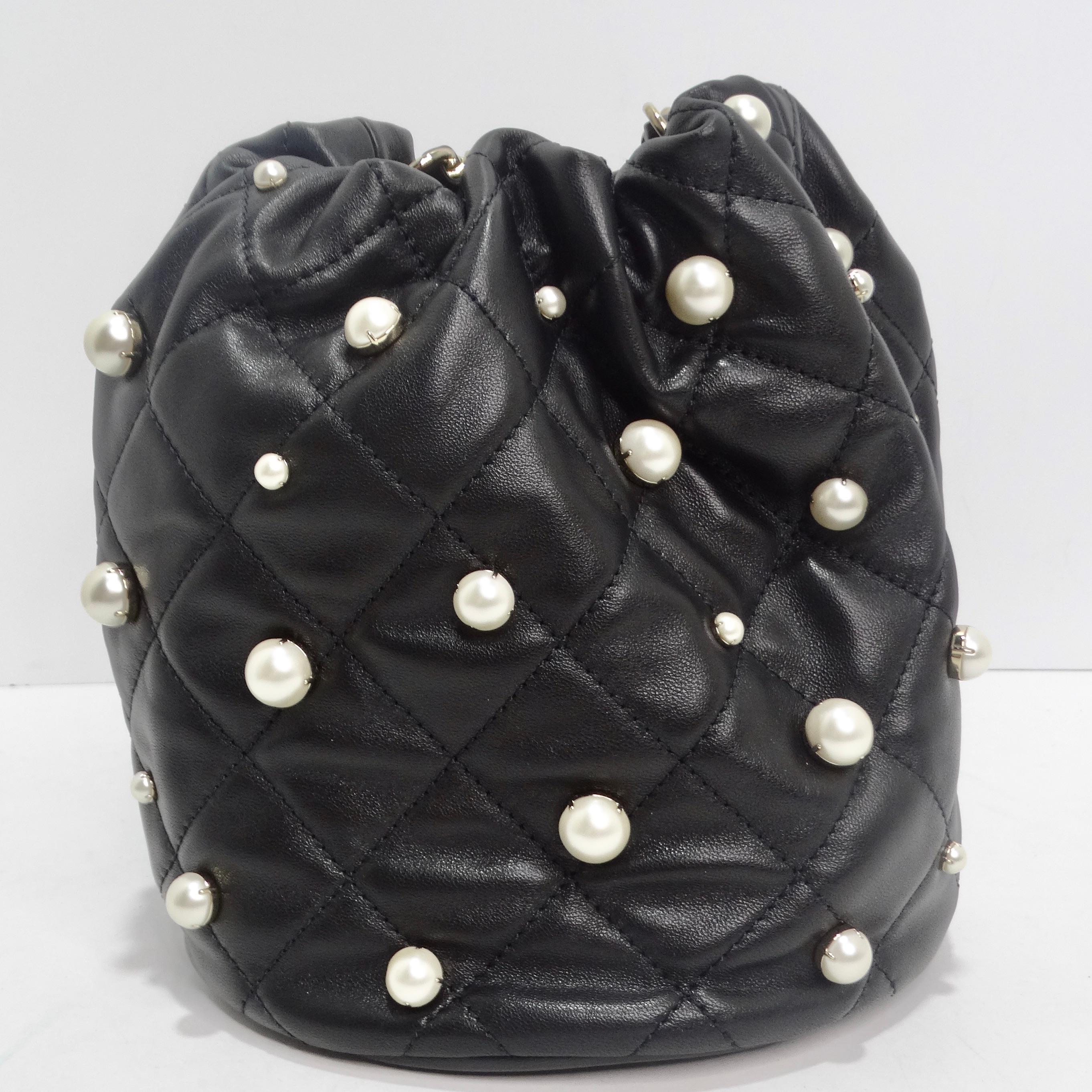 Chanel About Pearls Black Lambskin Drawstring Bucket Bag In Excellent Condition For Sale In Scottsdale, AZ