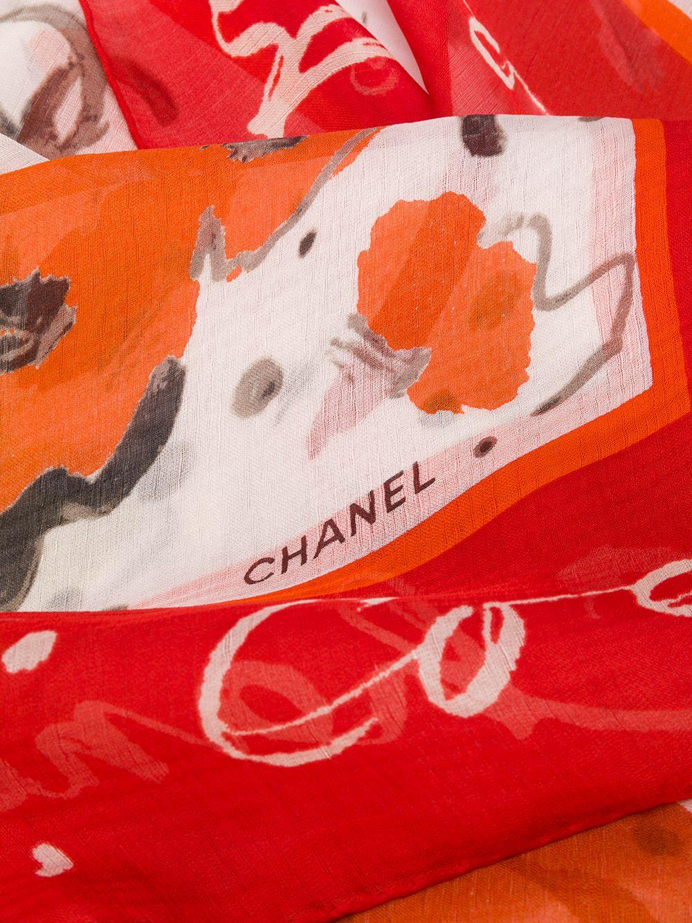 Crafted in France from the finest white silk, this pre-owned scarf by Chanel features a lightweight construction, a square shape and an all-over abstract print pattern in a vibrant pallet of orange, yellow and purple. For an added touch of