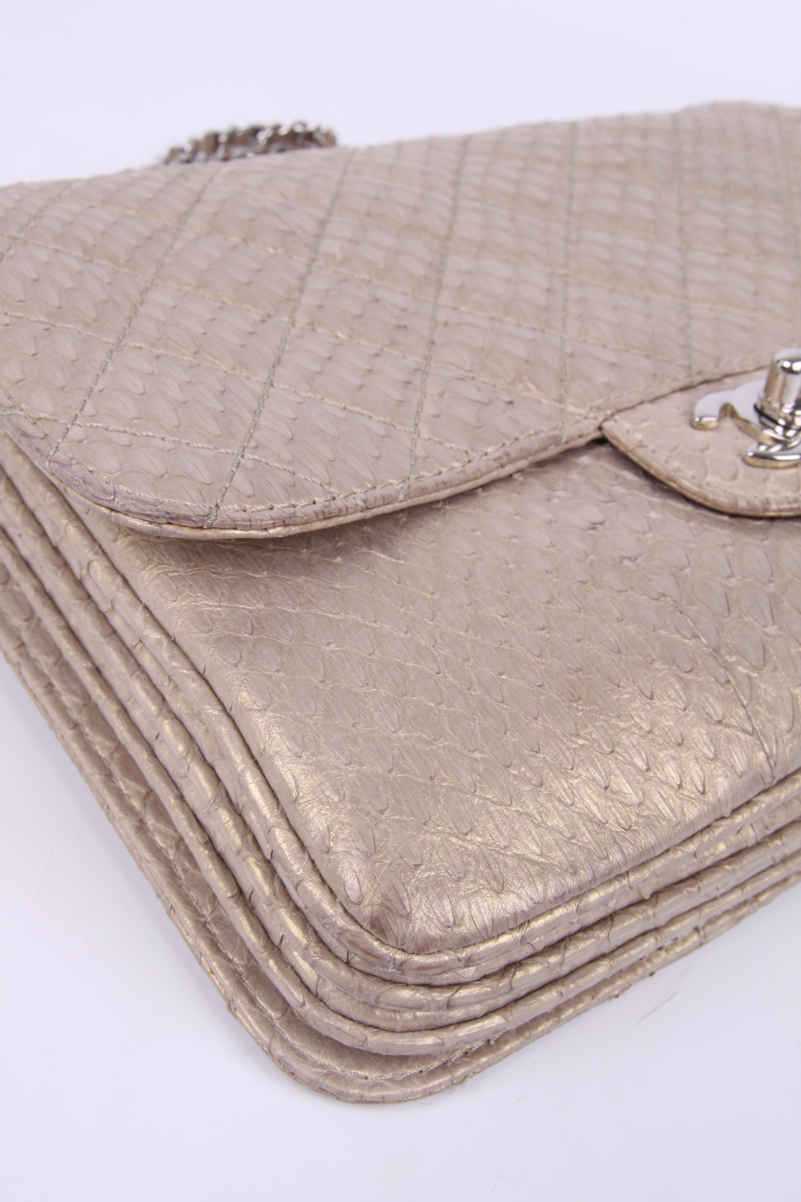 Brown Chanel Accordeon Flap Bag Python Leather - greenish matte gold
