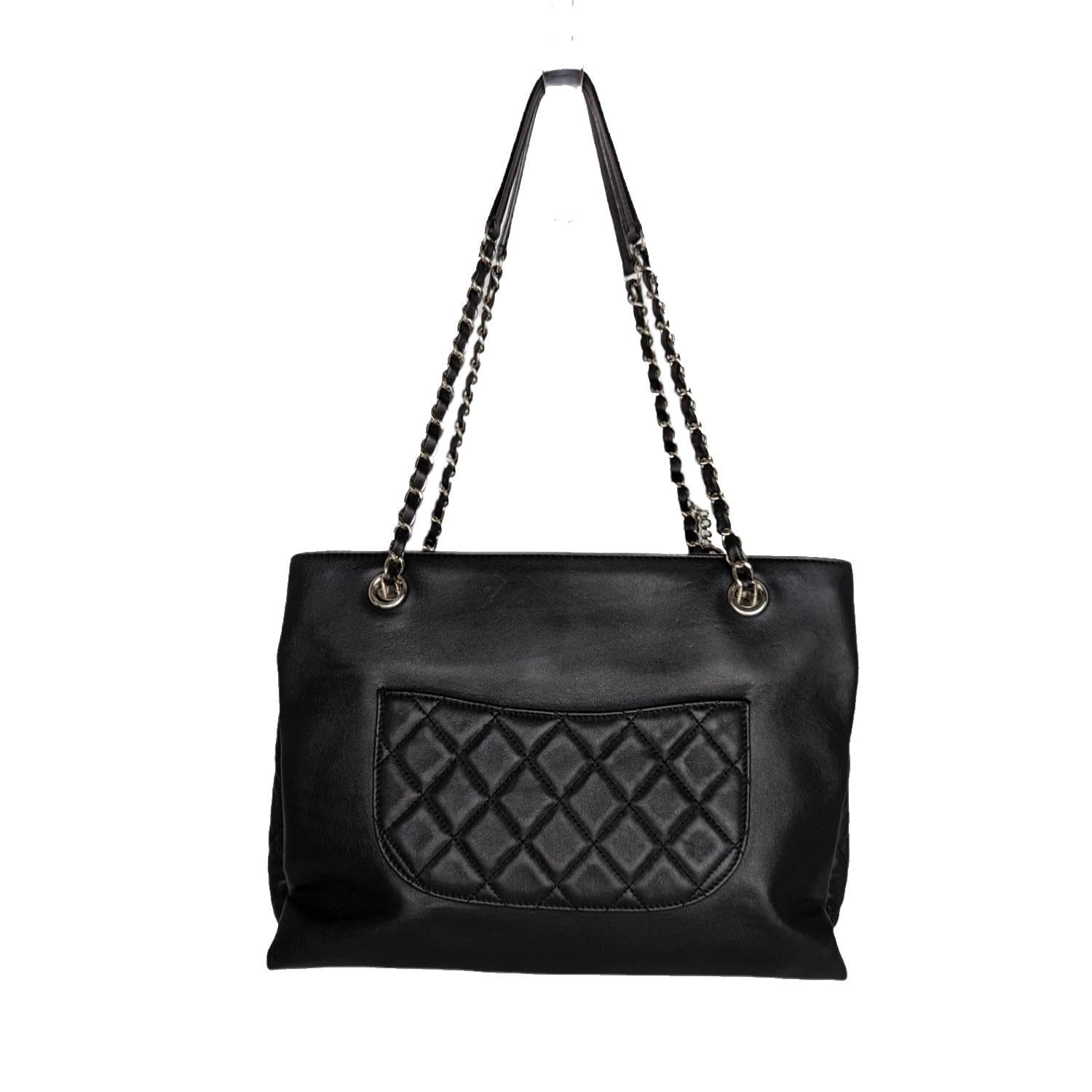 From the 2016 Collection by Karl Lagerfeld. This Chanel Accordion Shopping Tote is crafted of smooth Lambskin leather with quilted sides and trim. It features leather woven chain straps with leather shoulder pads, protective base studs, and
